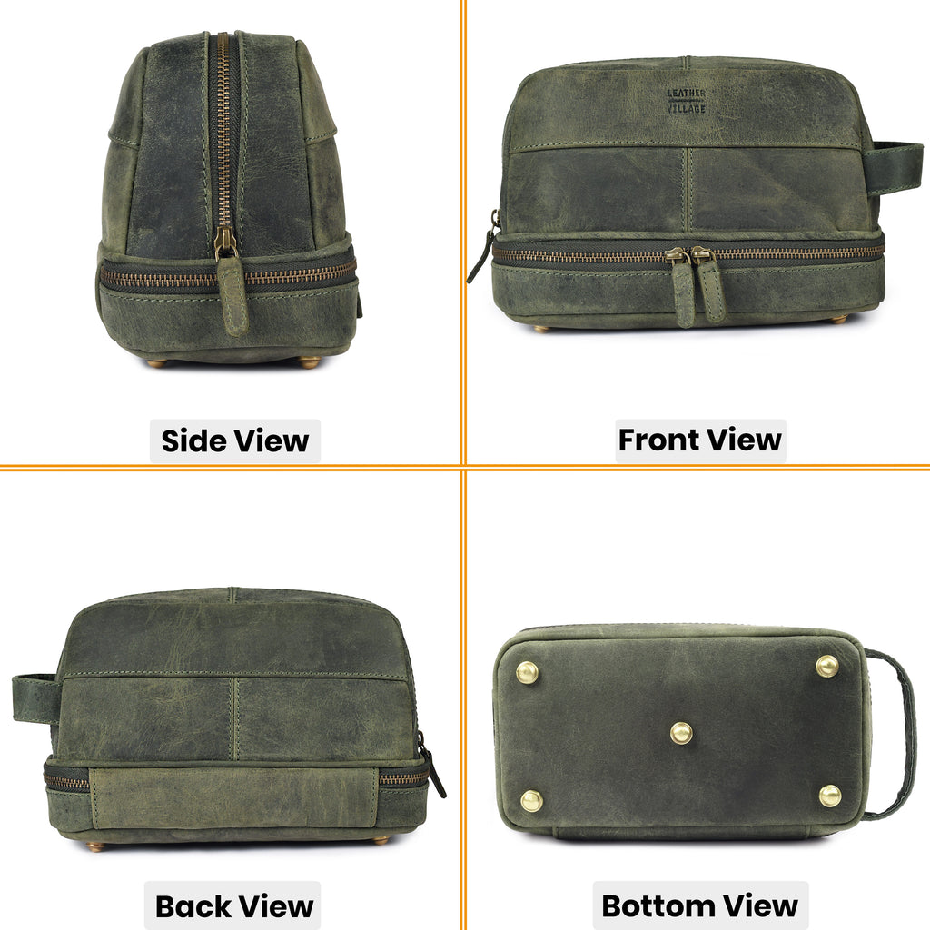 Leather Village Handmade Olive Leather Travel Toiletry Organizer with Secure Zipper Closure