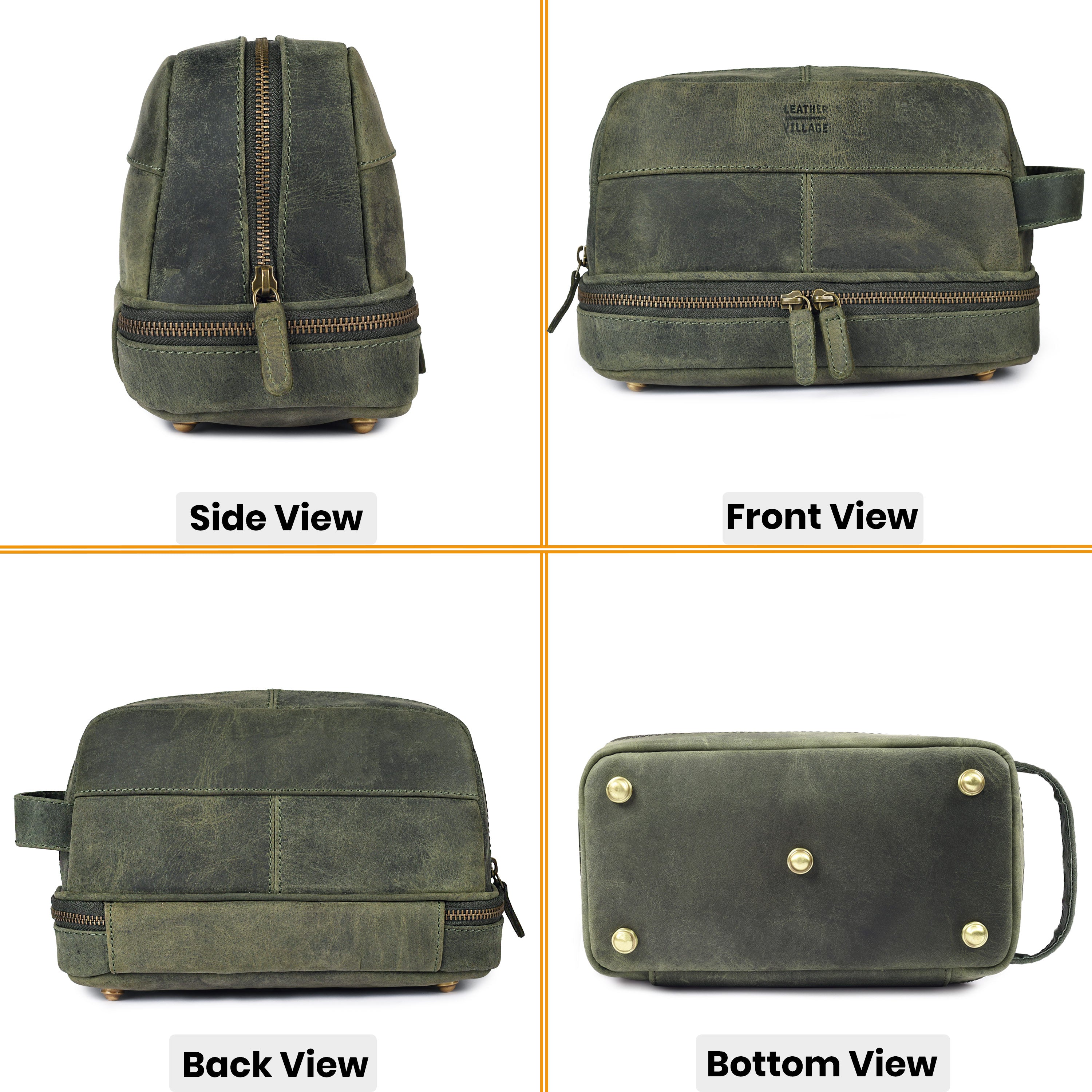 Leather Village Handmade Olive Leather Travel Toiletry Organizer with Secure Zipper Closure