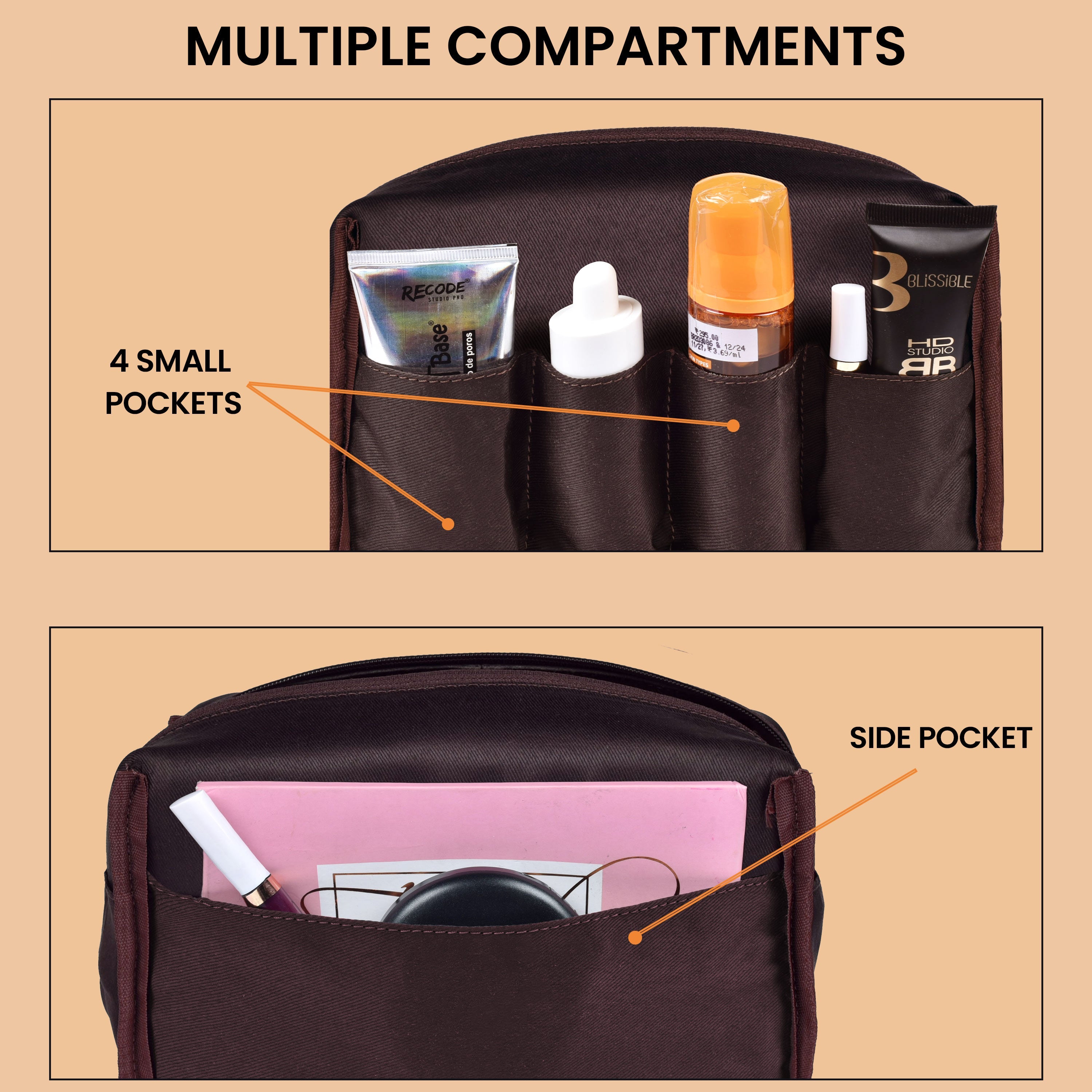 compact travel makeup bag Travel Makeup Bag for Women – Large Capacity Suede Leather Cosmetic Pouch with Handle, Inner Pockets & Wide Opening – Flat Open Toiletry Organizer for