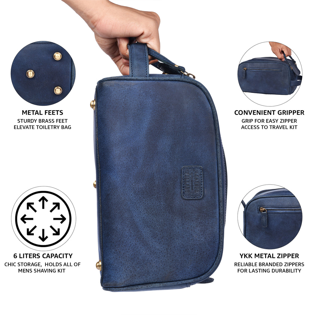 Blue Leather Toiletry Bag for Travel