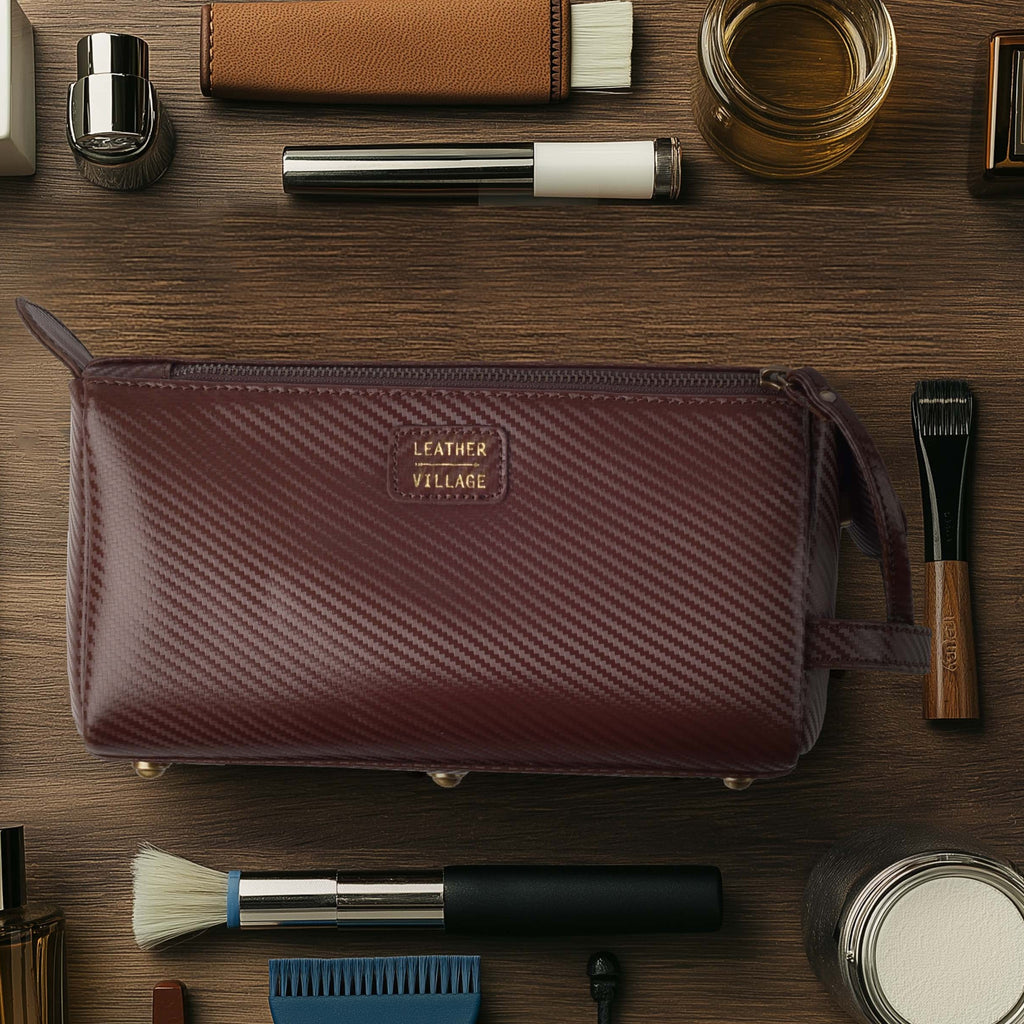 Brown Carbon Fiber  Leather Toiletry Bag For Travel