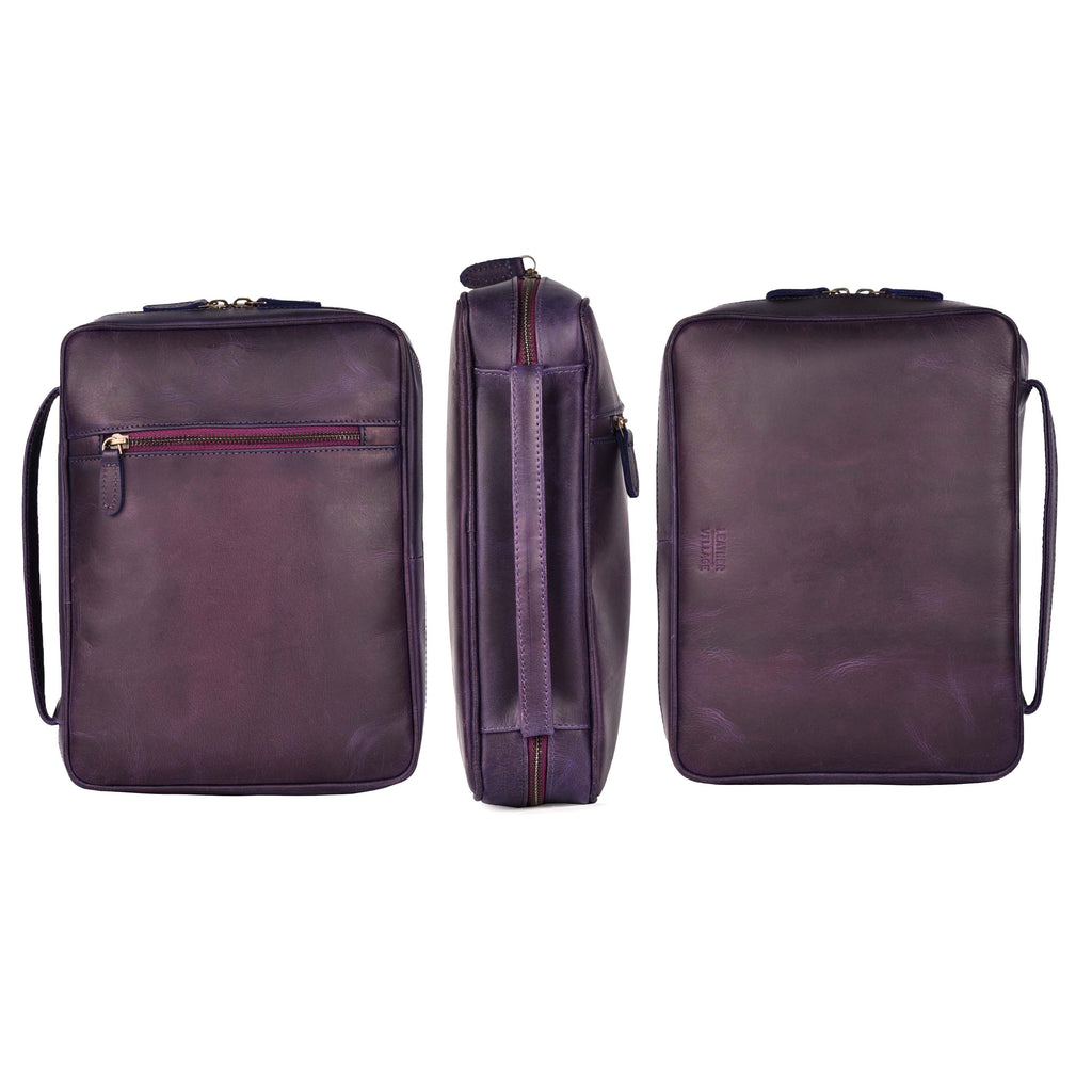 Rustic purple leather Bible cover for travel and worship