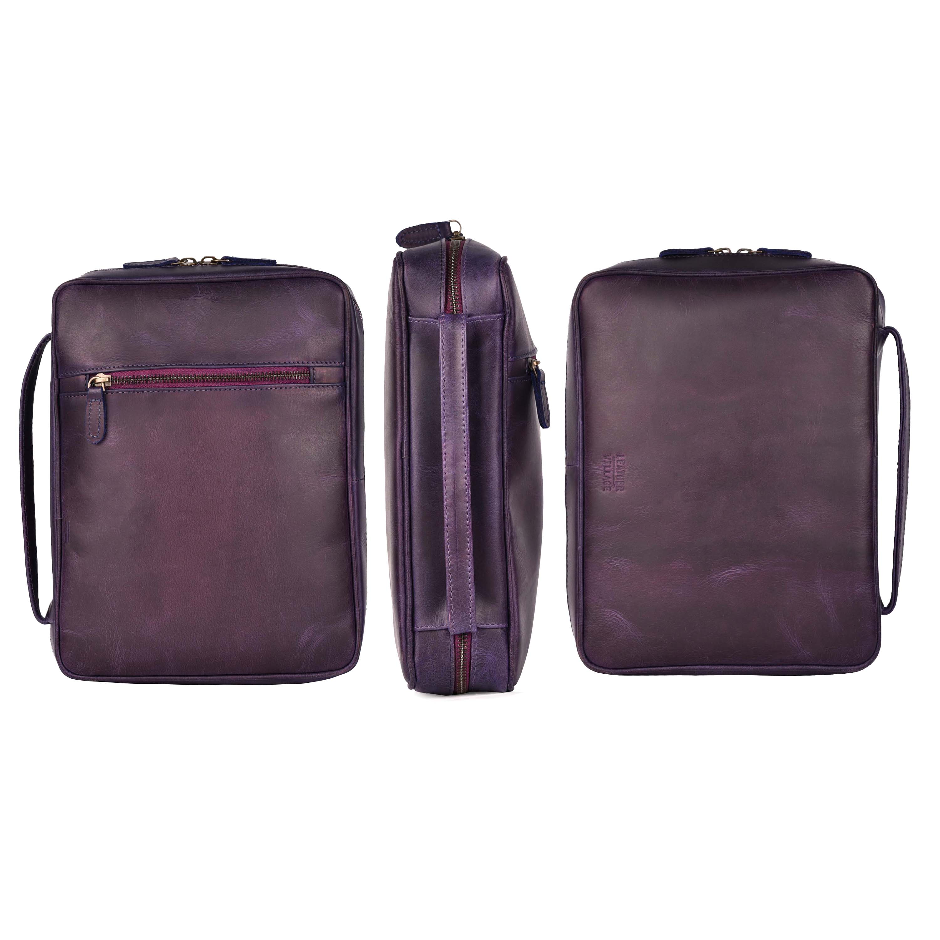 Purple Leather Bible Cover with Zipper - Protective Bible Case Leather Village