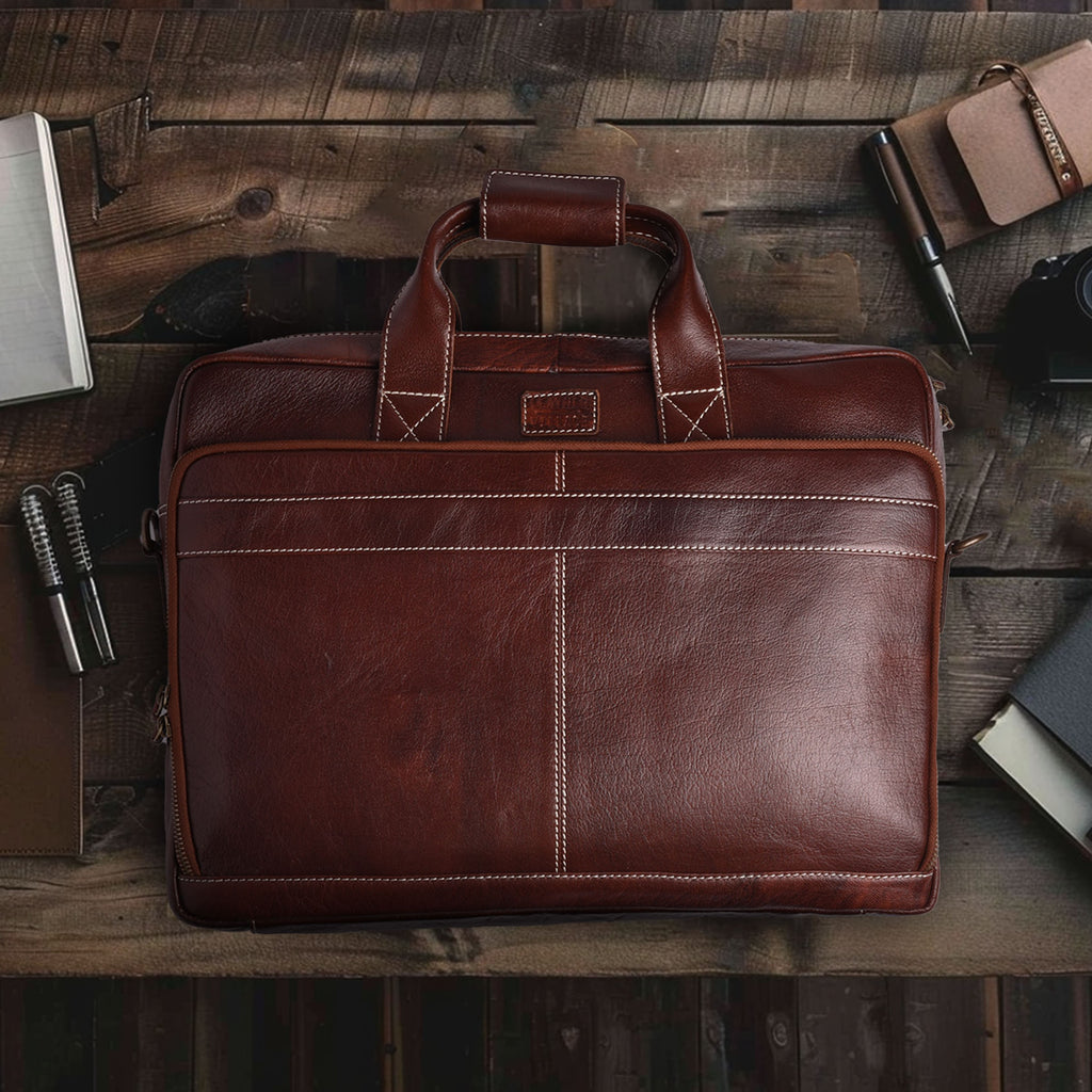 Leather Laptop Messenger Briefcase Bag - RED