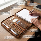 Leather Zipper Padfolio Ring Binder Organizer for Men & Women -Tan
