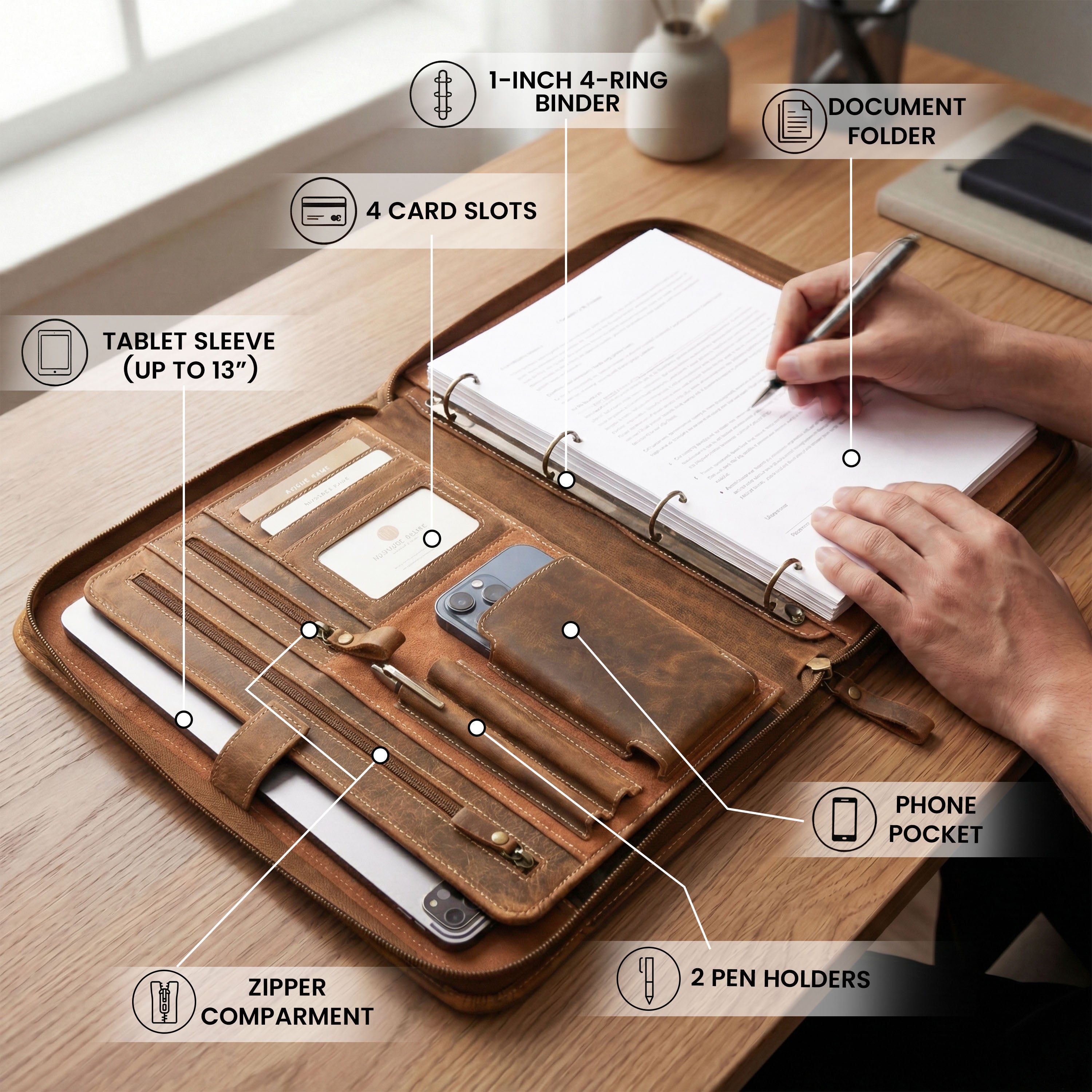 Leather Zipper Padfolio Ring Binder Organizer for Men & Women -Tan