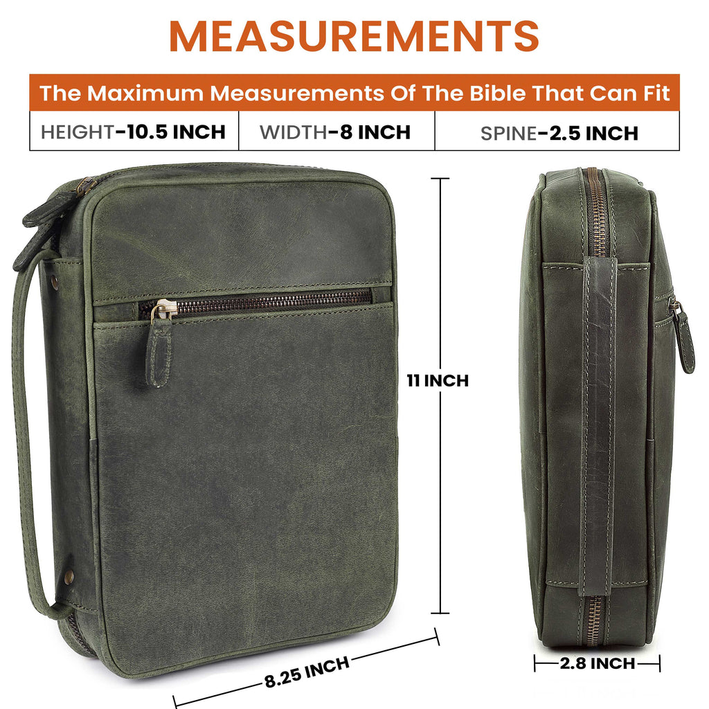 Olive Leather Bible Cover with Zipper - Protective Bible Case Leather Village