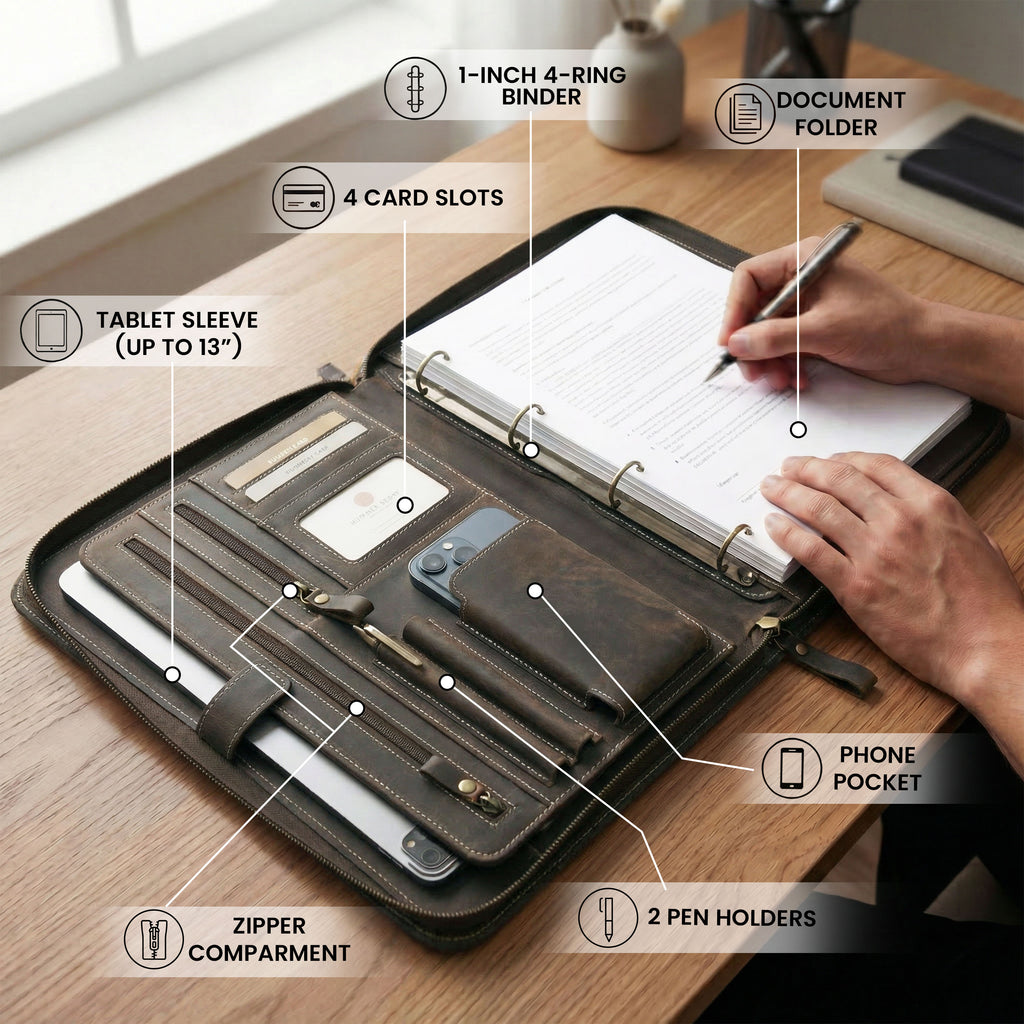 Leather Zipper Padfolio Ring Binder Organizer for Men & Women -Brown