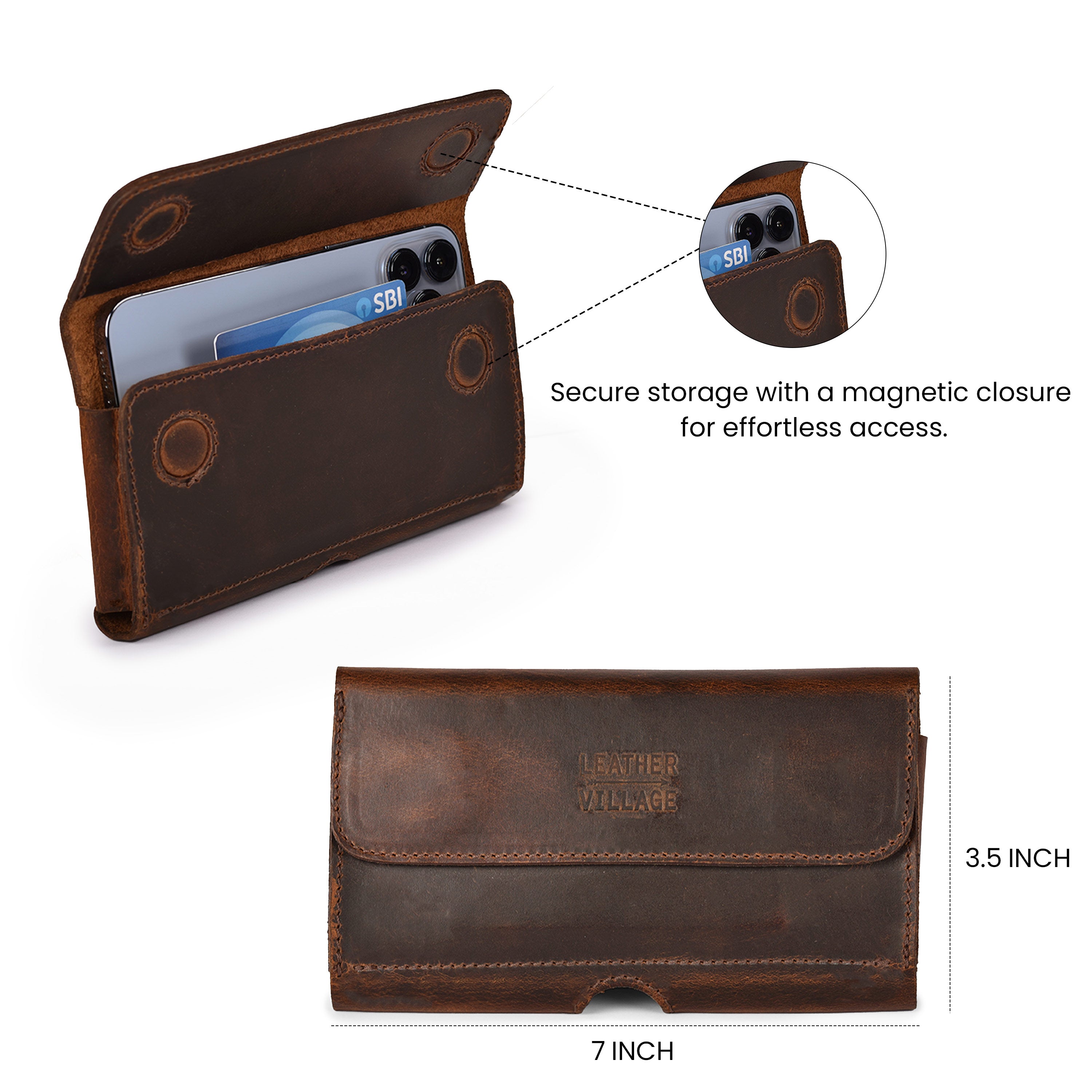 Leather Phone Holster Belt Clip Style for Men – Cell Phone Holsters Leather Belt Pouch – Horizontal Cell Phone Holder for Belt with Magnet Closure – Leather Cell Phone Holder for Belt