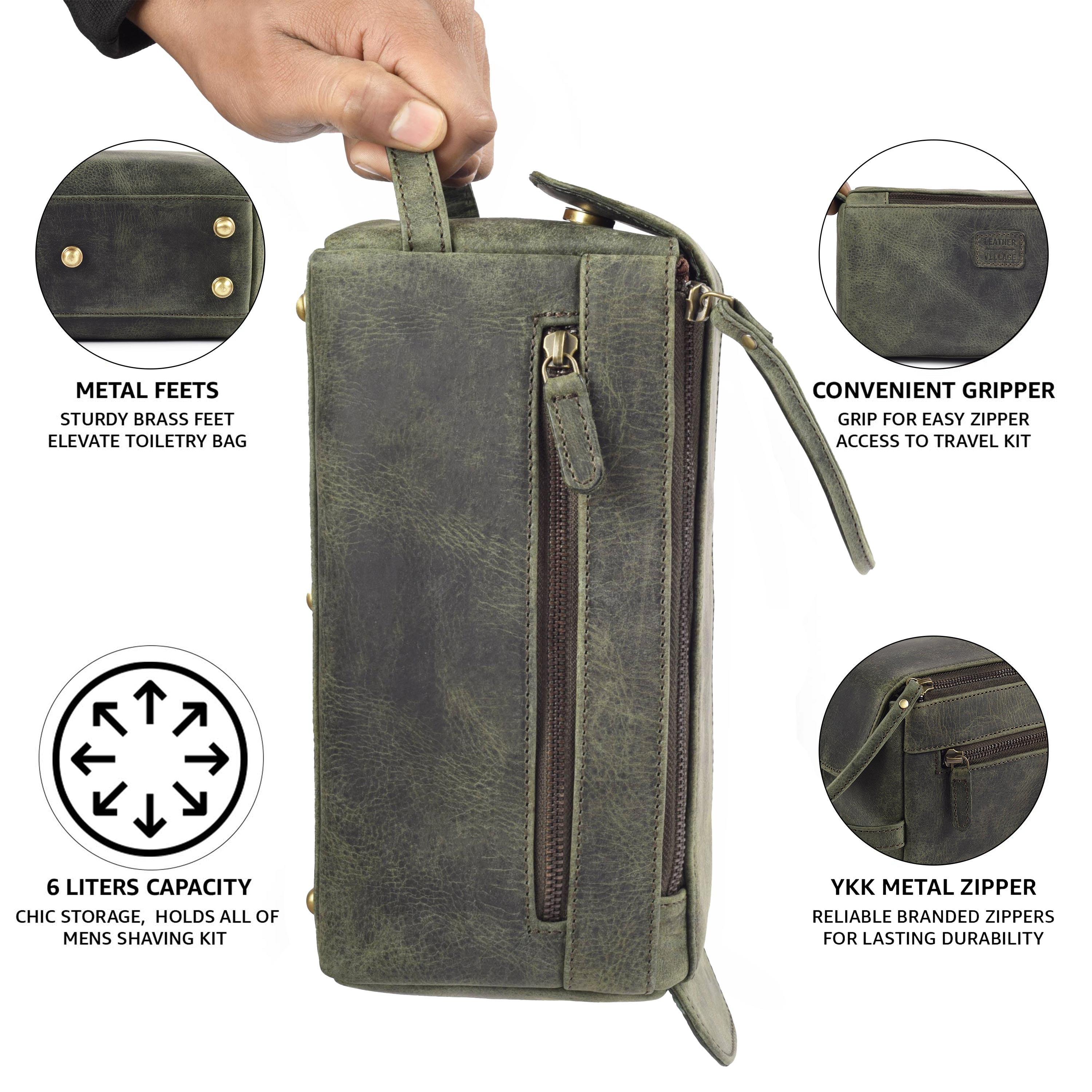 Leather Toiletry Bag for Travel - Olive