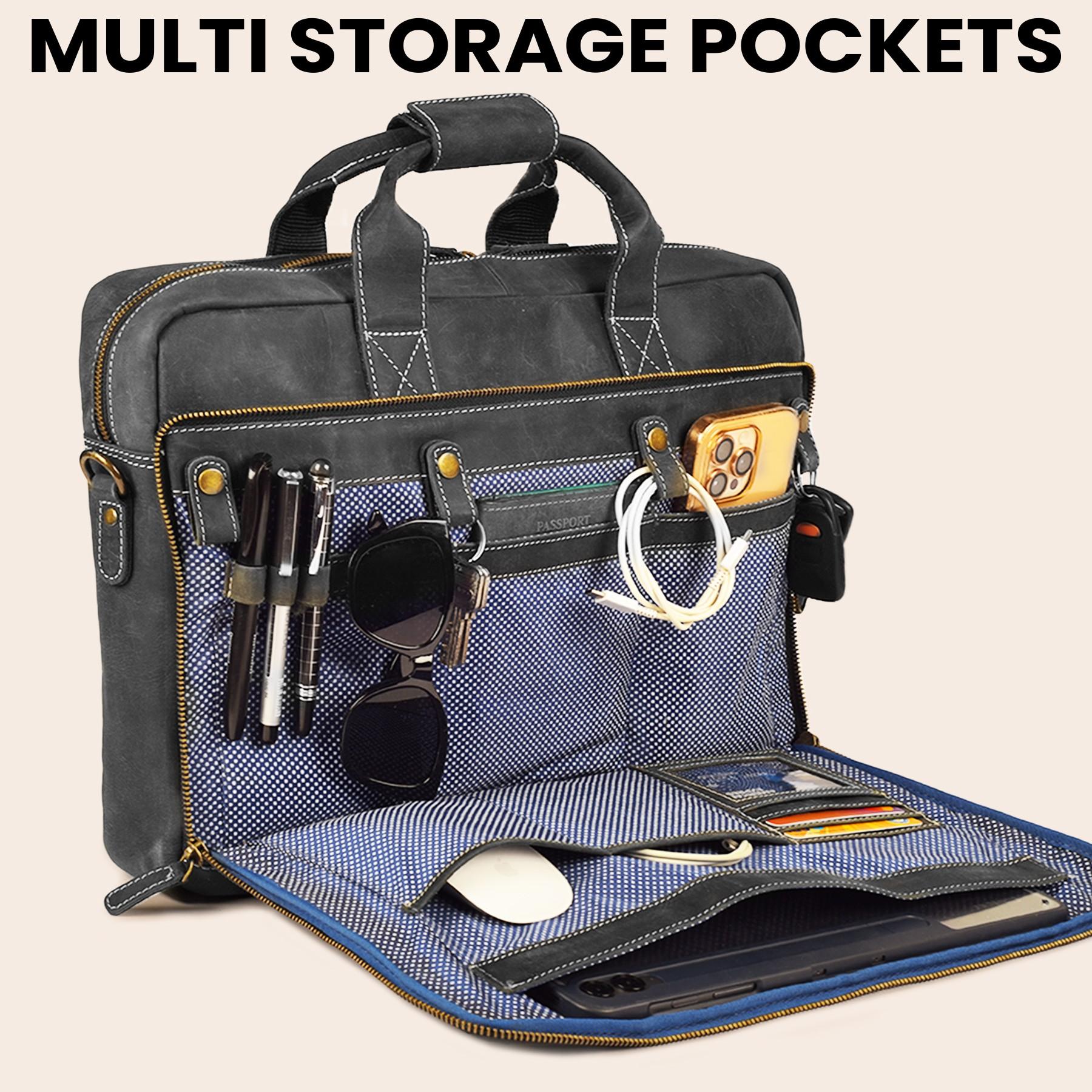 Leather Laptop Messenger Briefcase Bag - Black