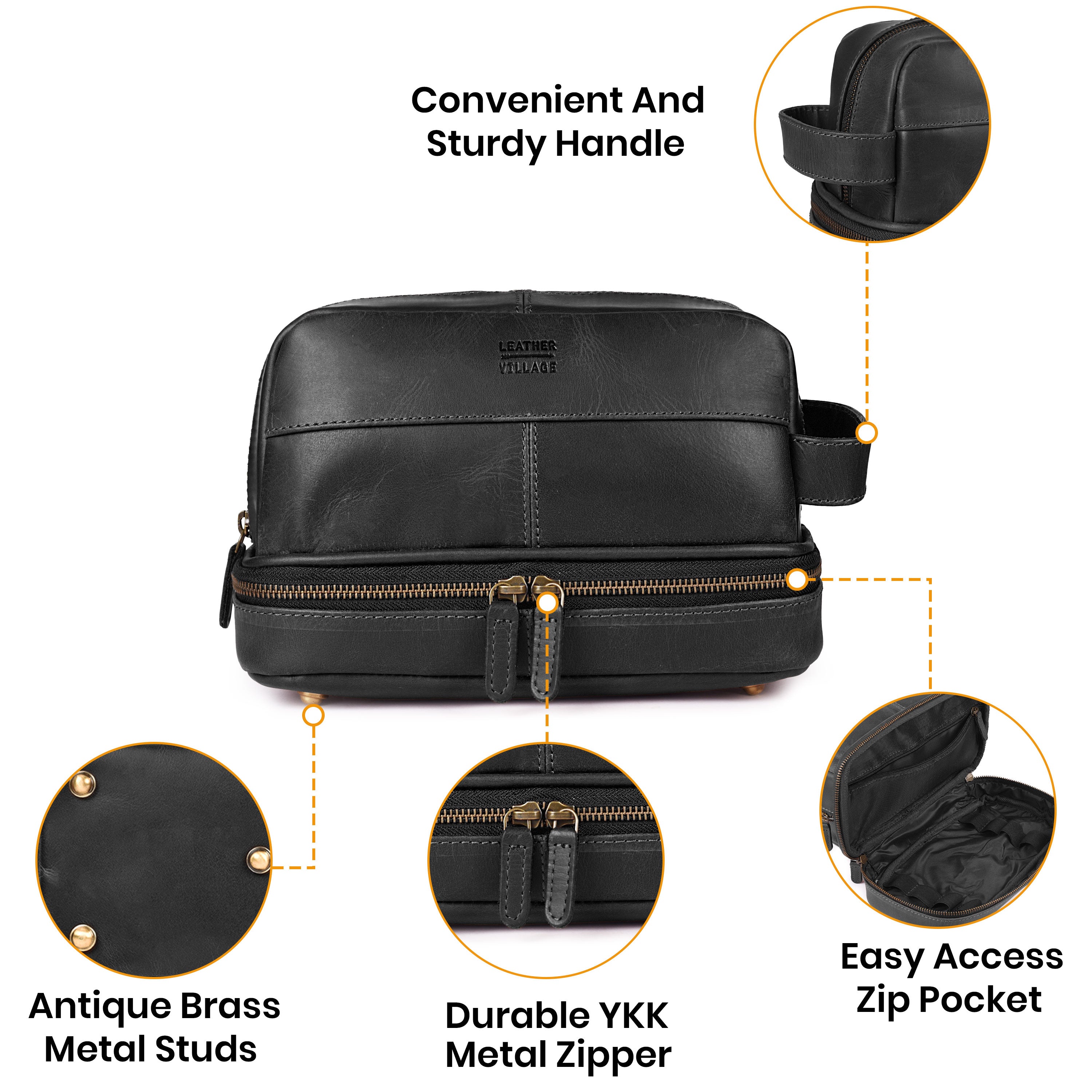 Leather Village Black Leather Cosmetic and Toiletry Organizer Pouch