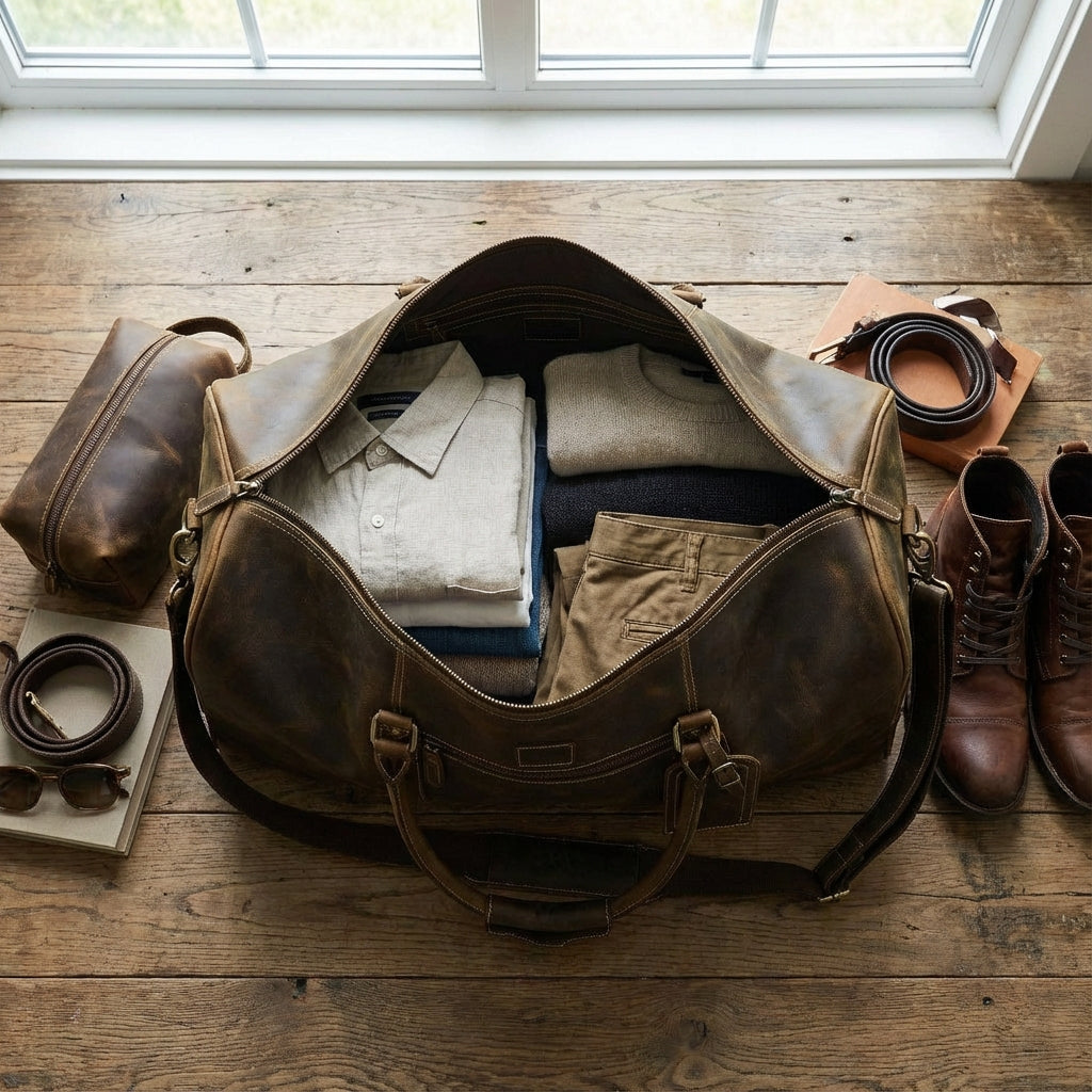 Leather Travel Duffel Bag - Mud