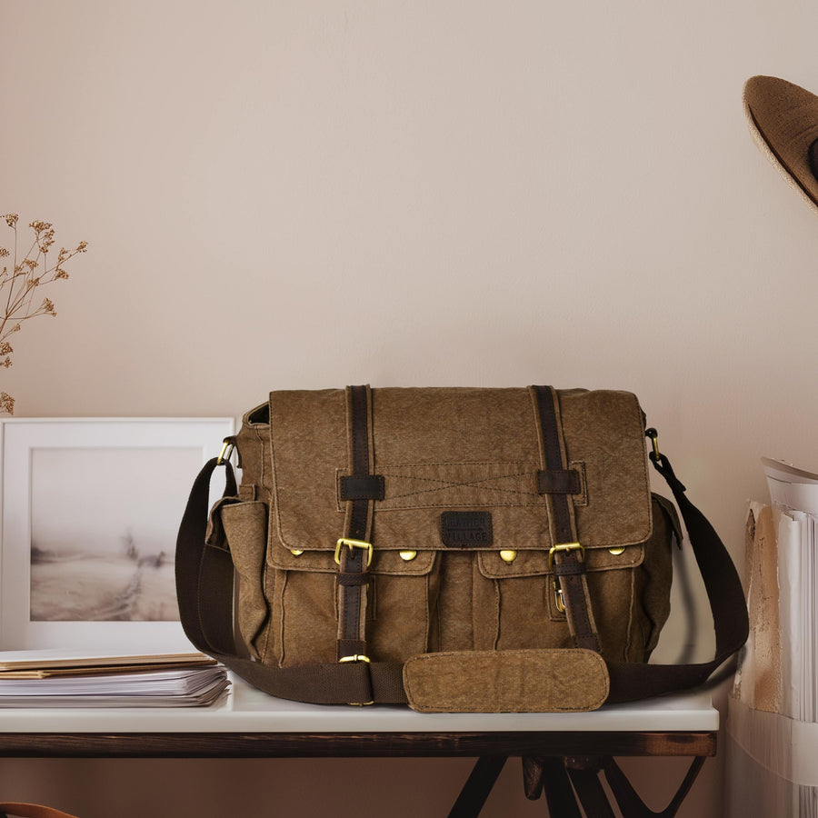 Vintage Canvas Messenger Bag – 16 Inch Handmade Laptop Shoulder Bag for Men & Women – Crossbody Work Bag for Office, Travel & Daily Use - Brown