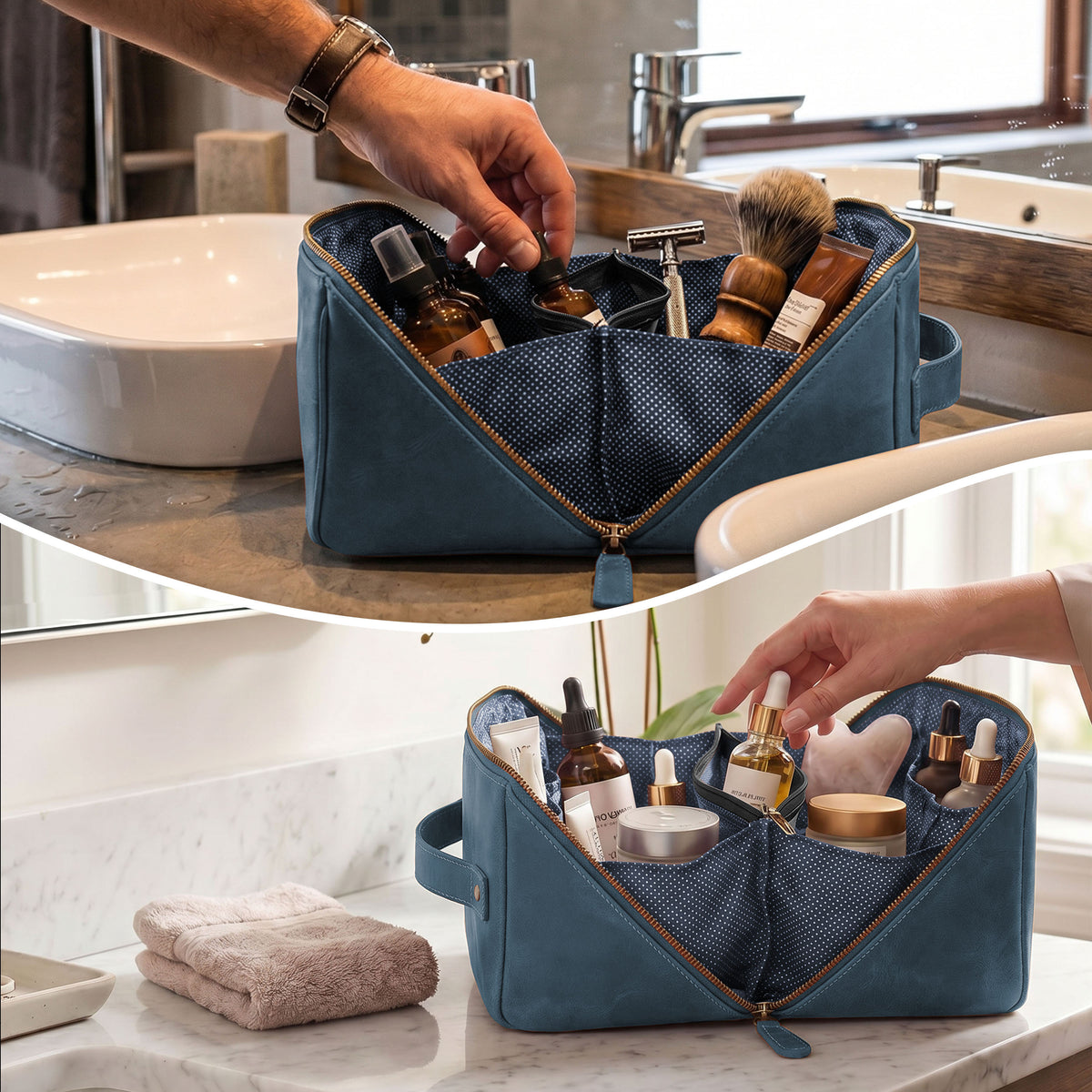 Leather Travel Cosmetic Bag for Women - Blue