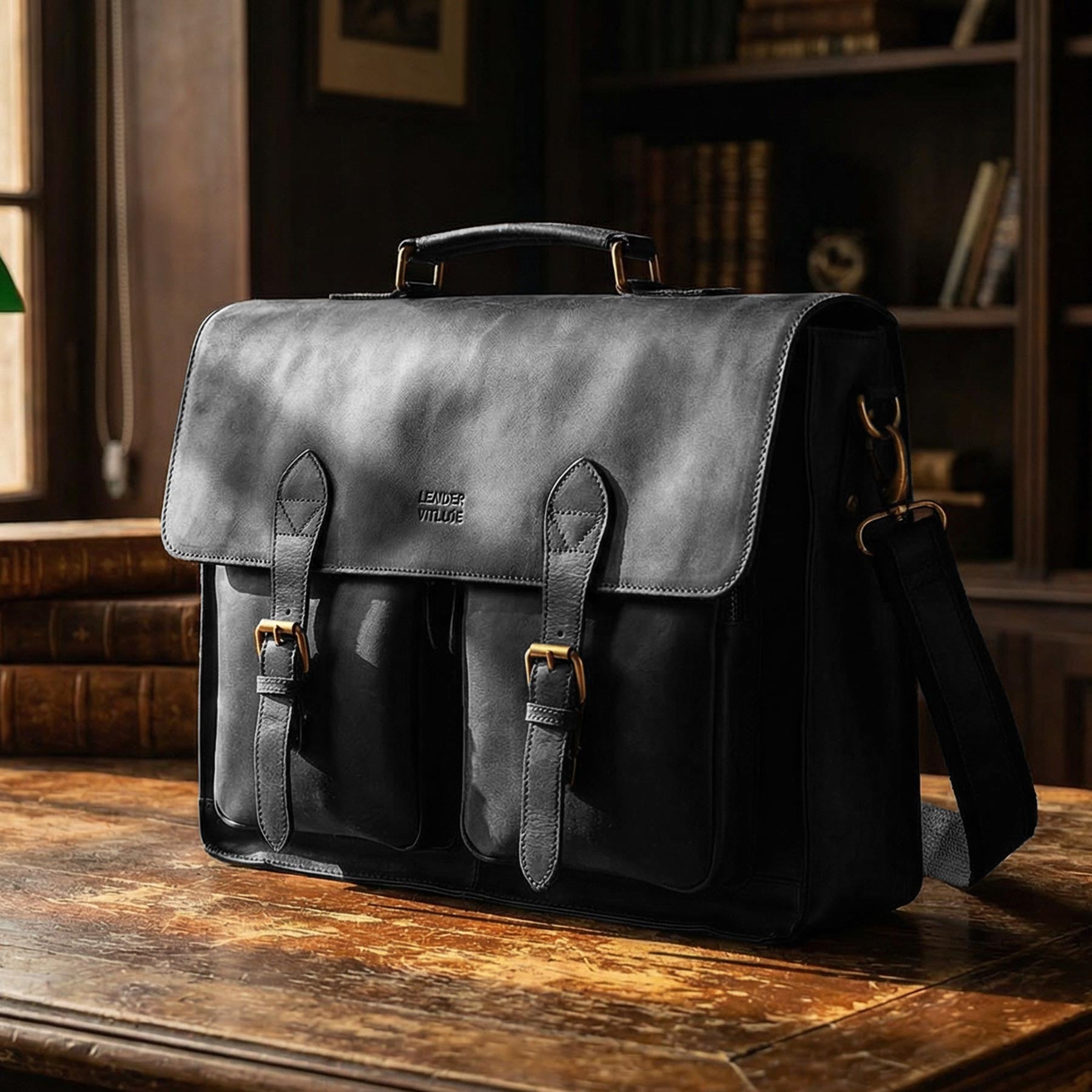 Briefcase Leather Messenger Bag - Black