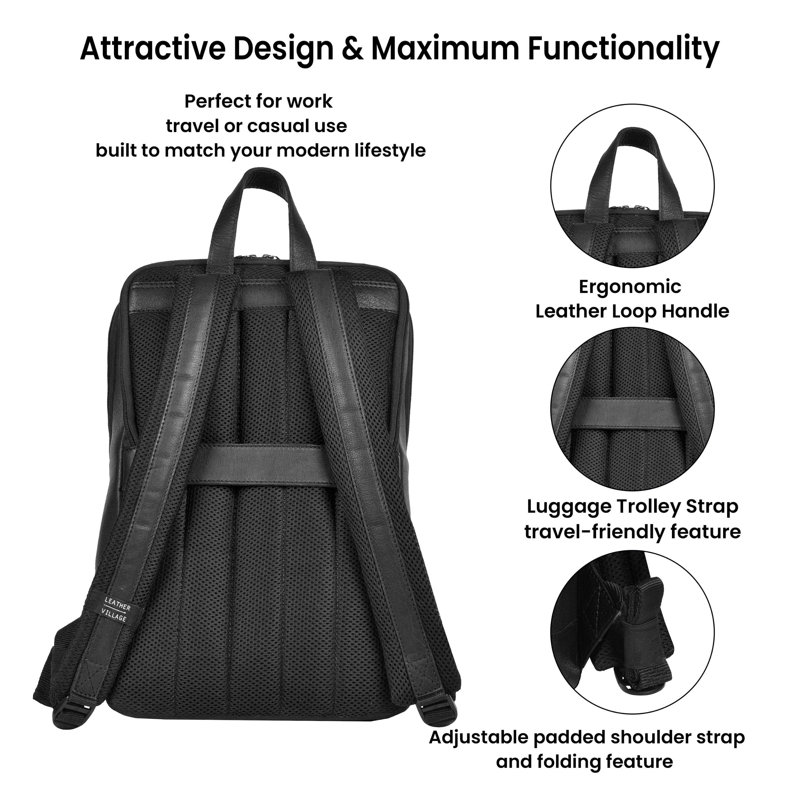 Black Leather Laptop Backpack for Work & Travel