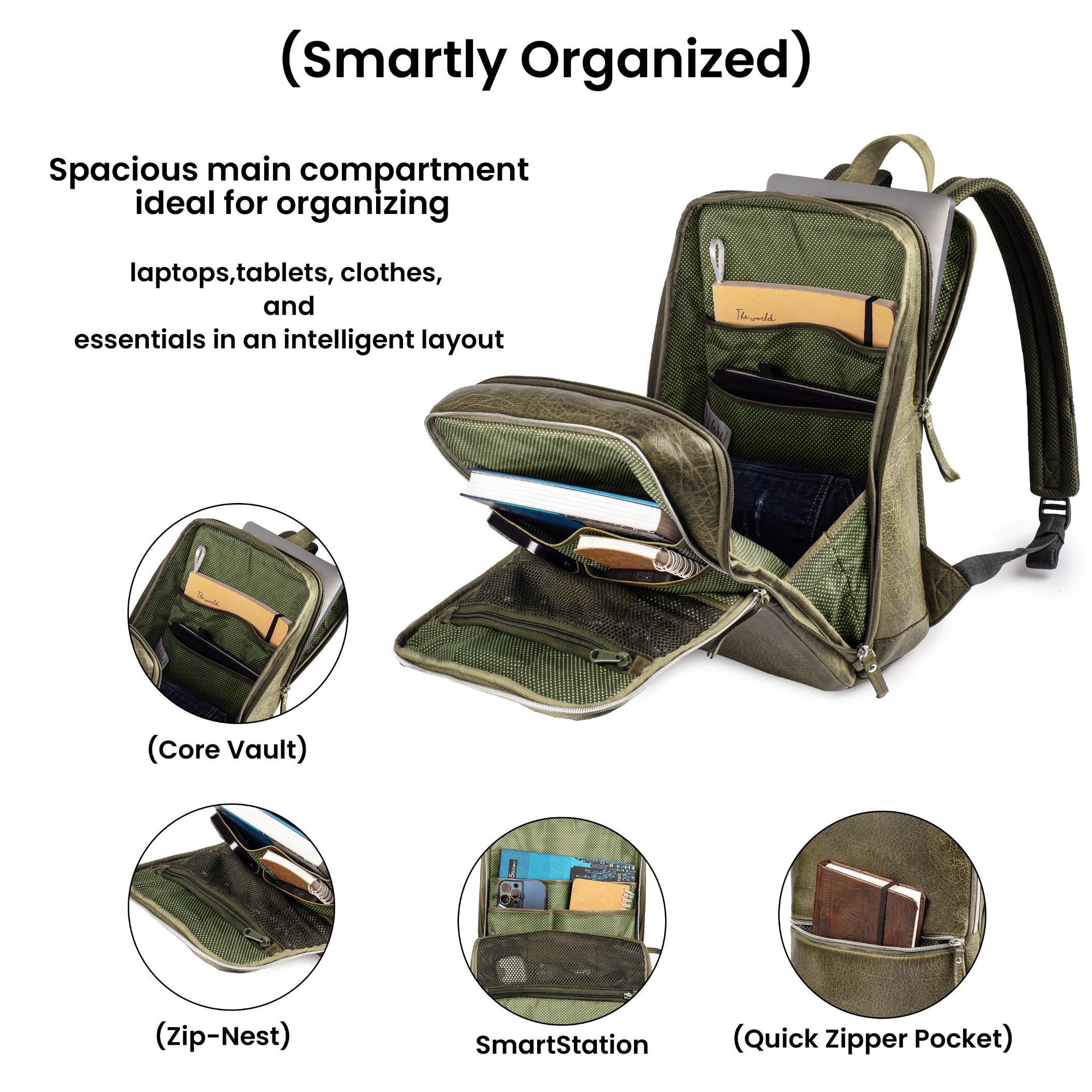 Olive Leather Laptop Backpack for Work & Travel