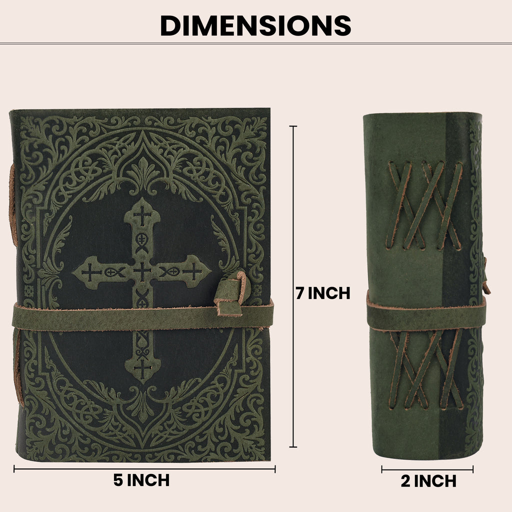 Rustic green leather Bible featuring embossed floral artwork