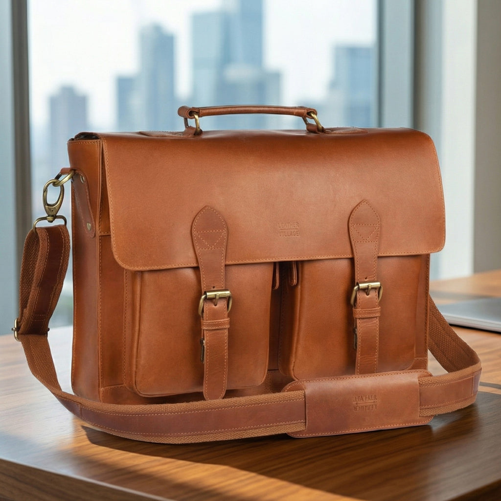 Briefcase Leather Messenger Bag - Tan