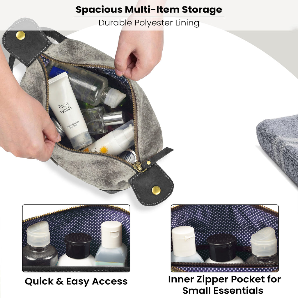Leather Village Premium Grey Leather Dopp Kit with Waterproof Interior Lining