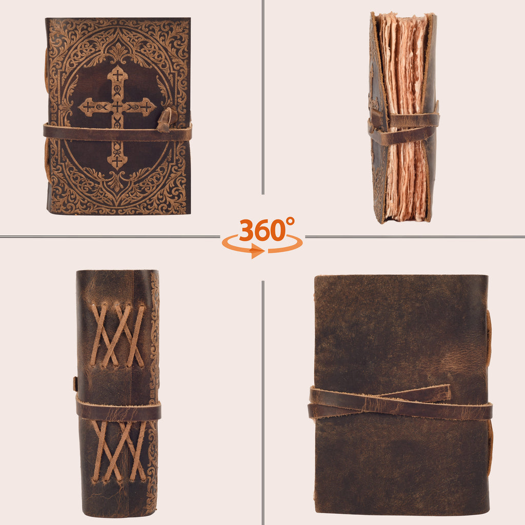 Rustic dark brown leather Bible featuring embossed floral artwork