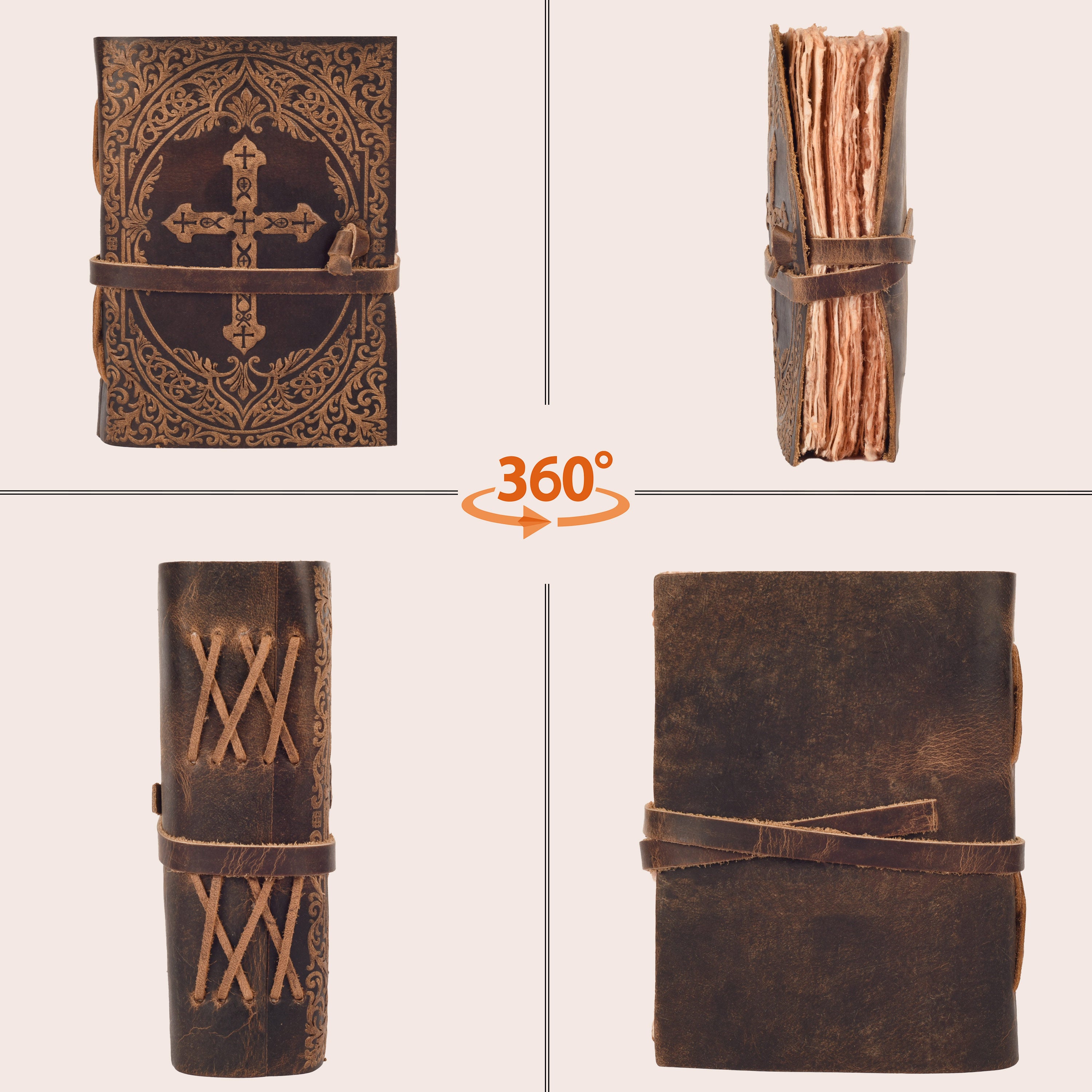 Rustic dark brown leather Bible featuring embossed floral artwork