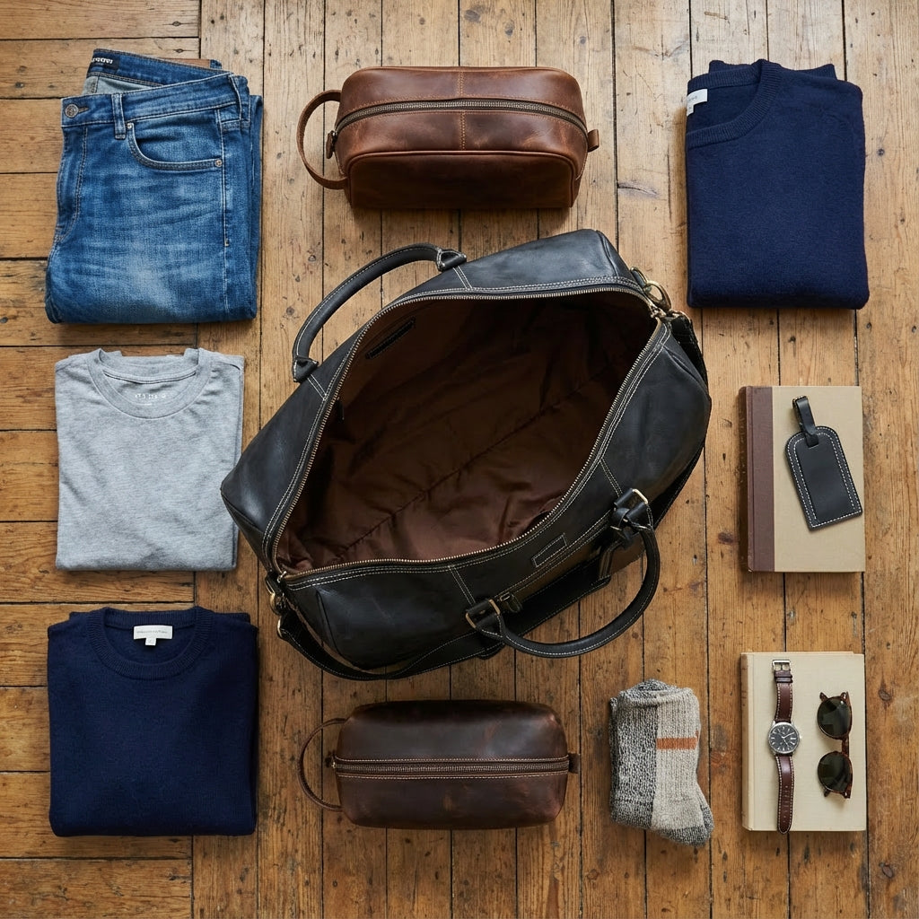 Leather Travel Duffel Bag - Black