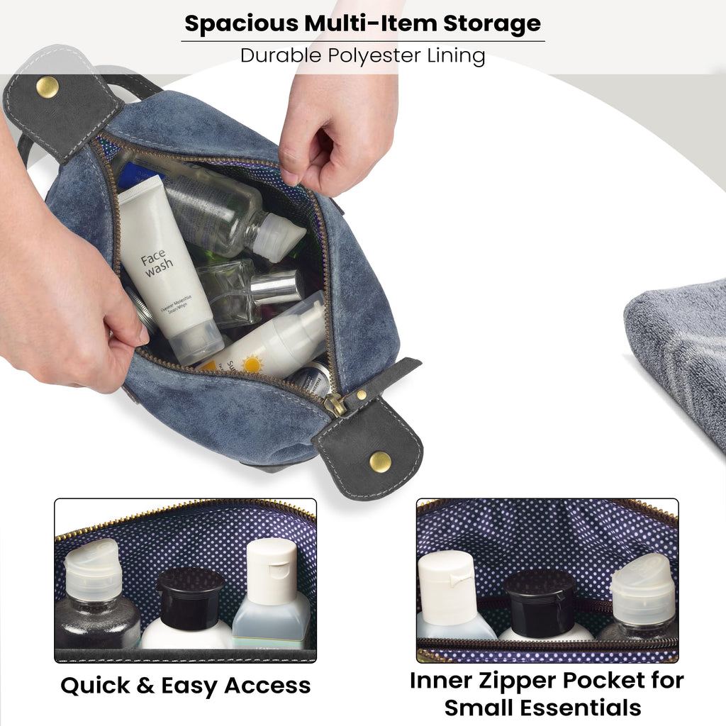 Leather Village Premium Blue Leather Dopp Kit with Waterproof Interior Lining