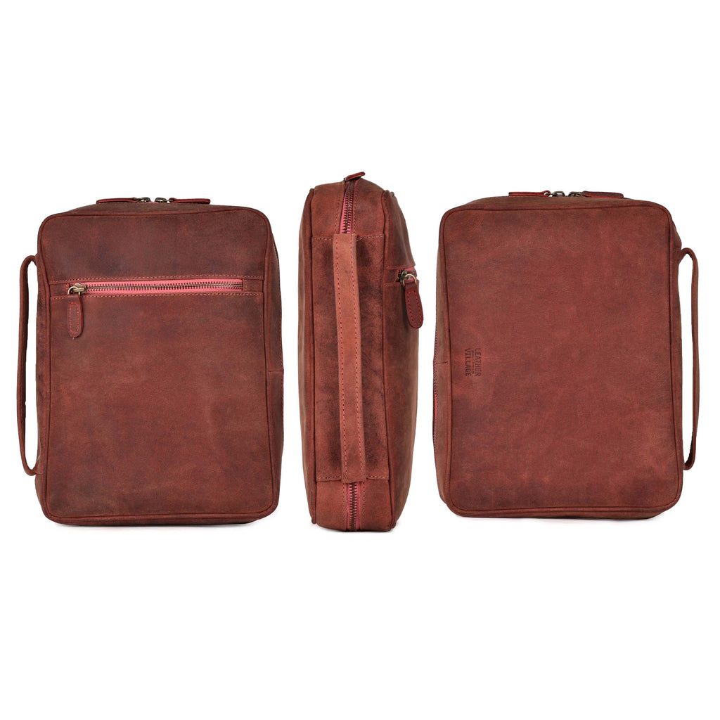 Rustic burgundy leather Bible cover for travel and worship
