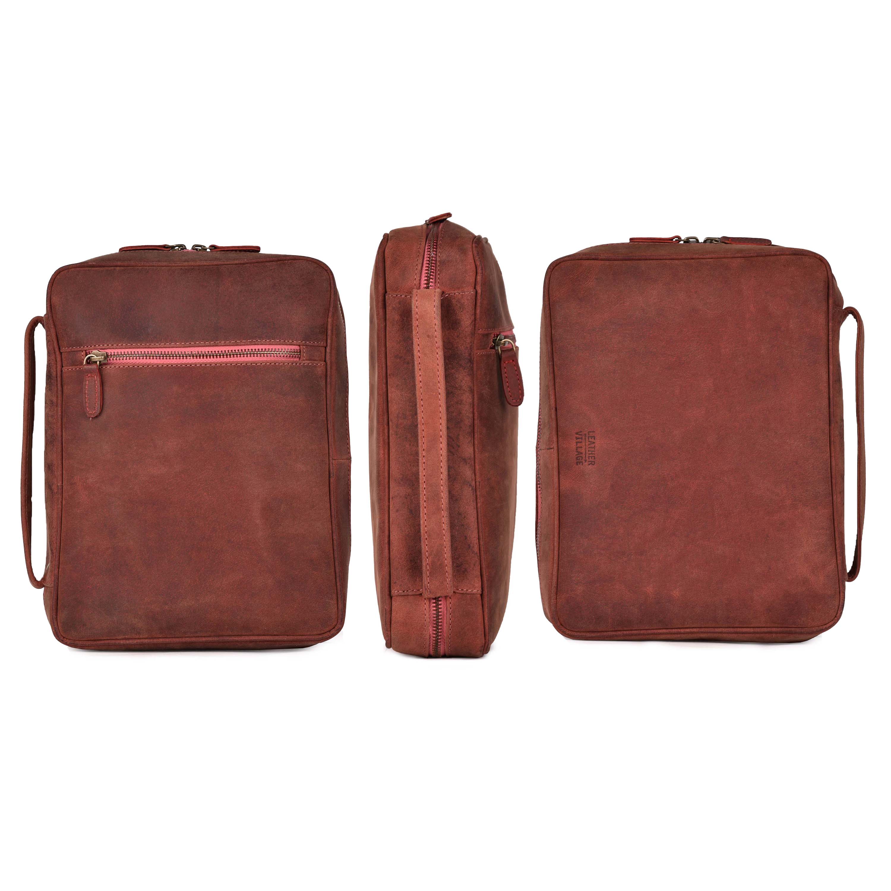 Fuchsia Leather Bible Cover with Zipper - Protective Bible Case Leather Village