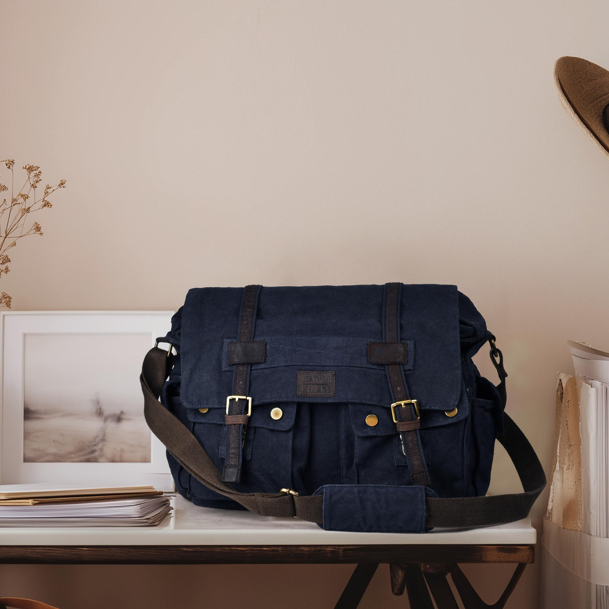 Vintage Canvas Messenger Bag – 16 Inch Handmade Laptop Shoulder Bag for Men & Women – Crossbody Work Bag for Office, Travel & Daily Use - Brown
