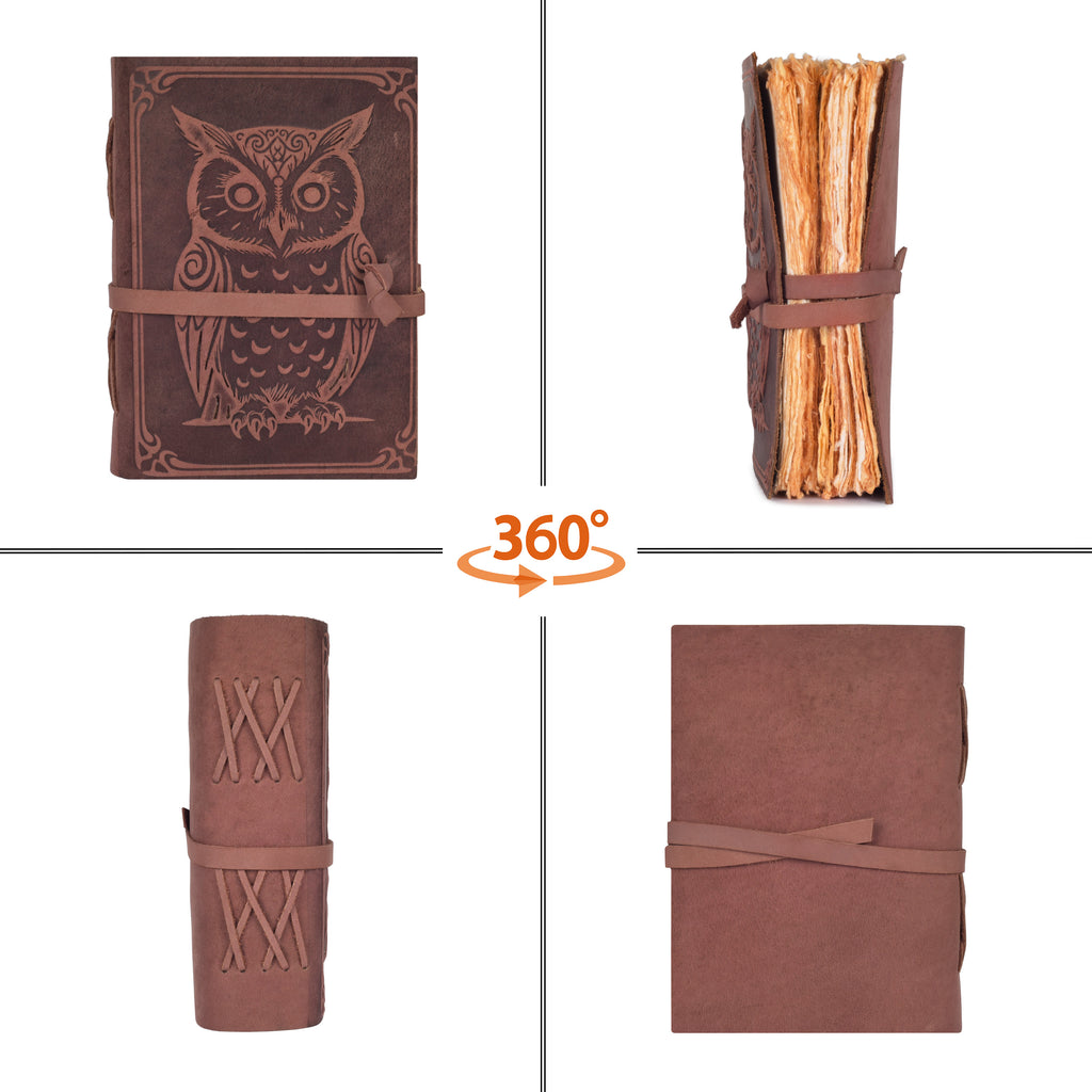 Handmade owl leather journal with vintage design and rustic paper sheets