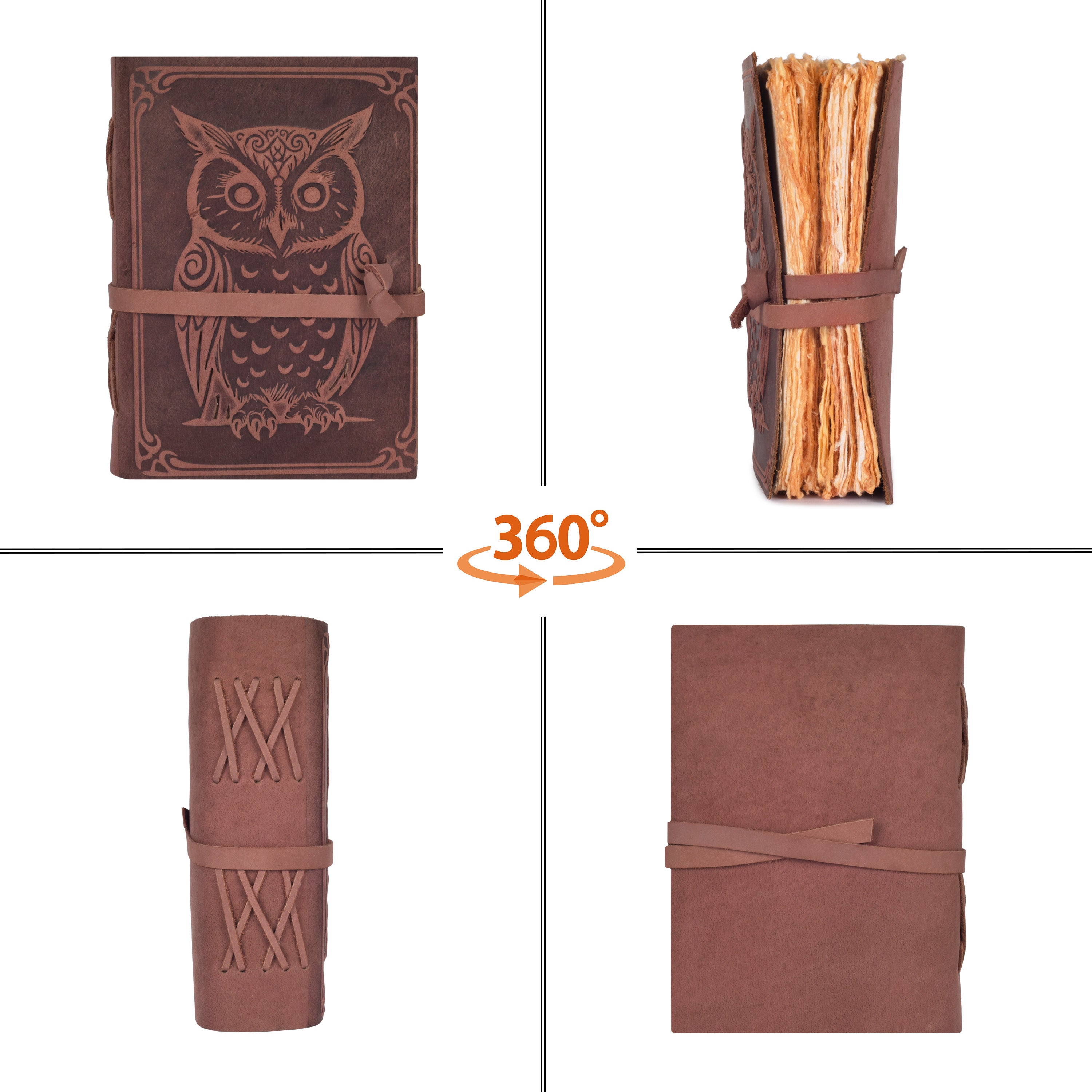 Handmade owl leather journal with vintage design and rustic paper sheets