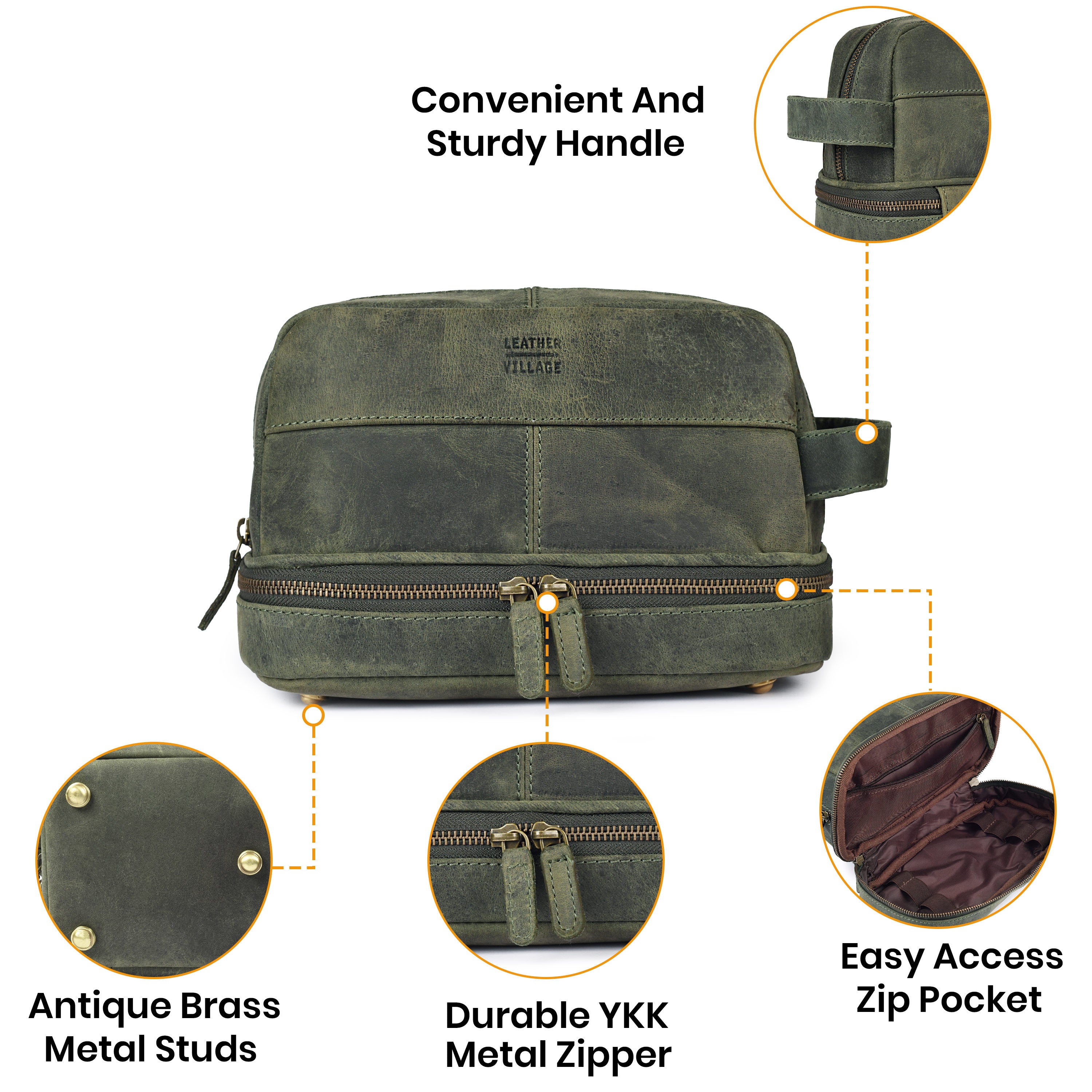 Leather Village Premium Olive Leather Wash Bag for Toiletries and Grooming Essentials
