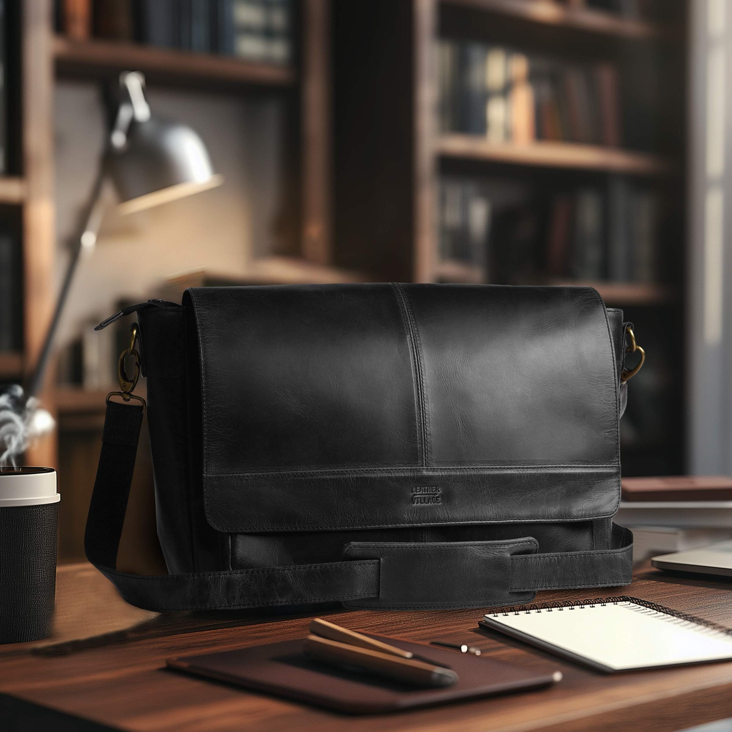 Handmade Vintage Leather Messenger Bag - Black