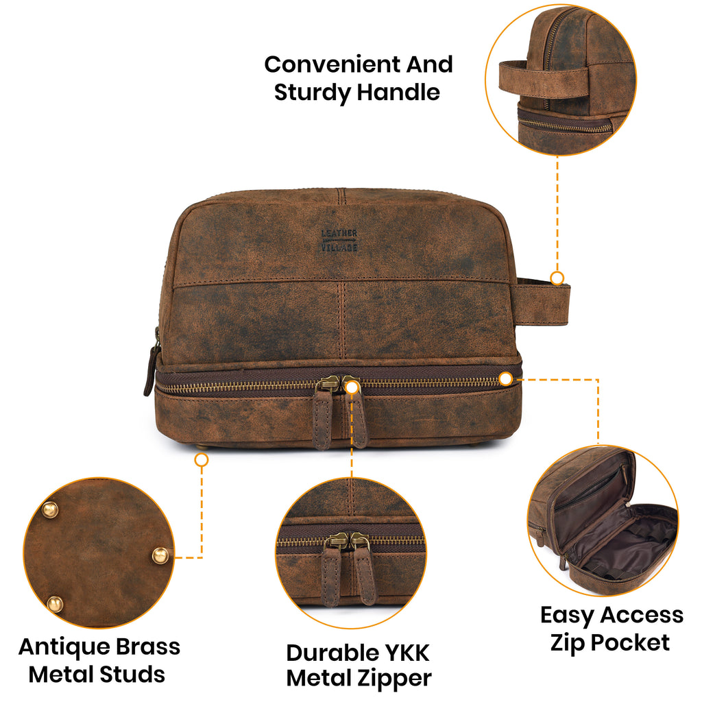 Leather Village Premium Rustic Brown Leather Wash Bag with Waterproof Interior