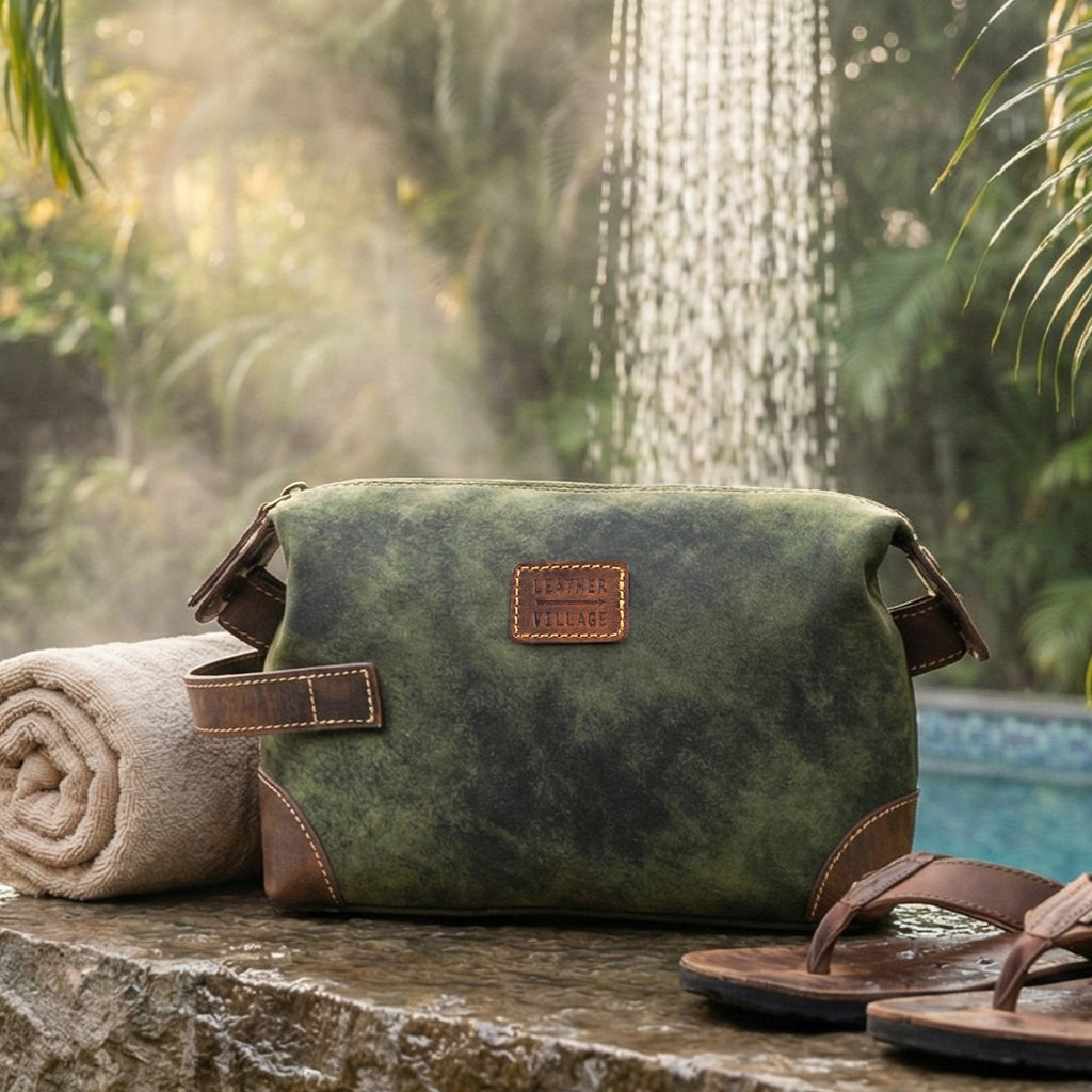 Leather Village Premium Green Leather Dopp Kit with Waterproof Interior Lining