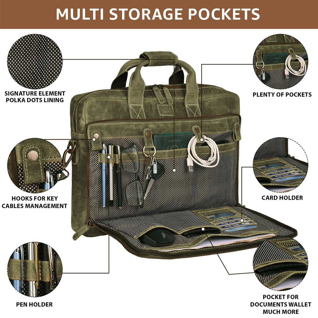 Leather Laptop Messenger Briefcase Bag - OLIVE Leather Village