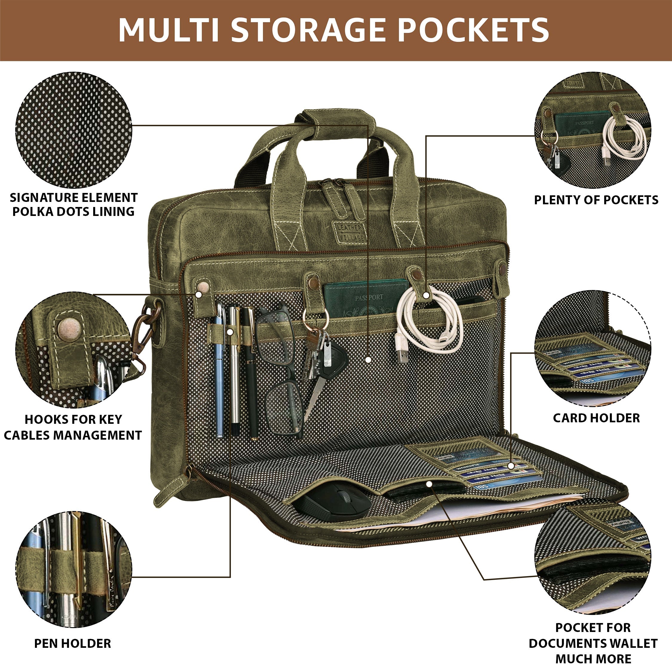 Leather Laptop Messenger Briefcase Bag - OLIVE Leather Village