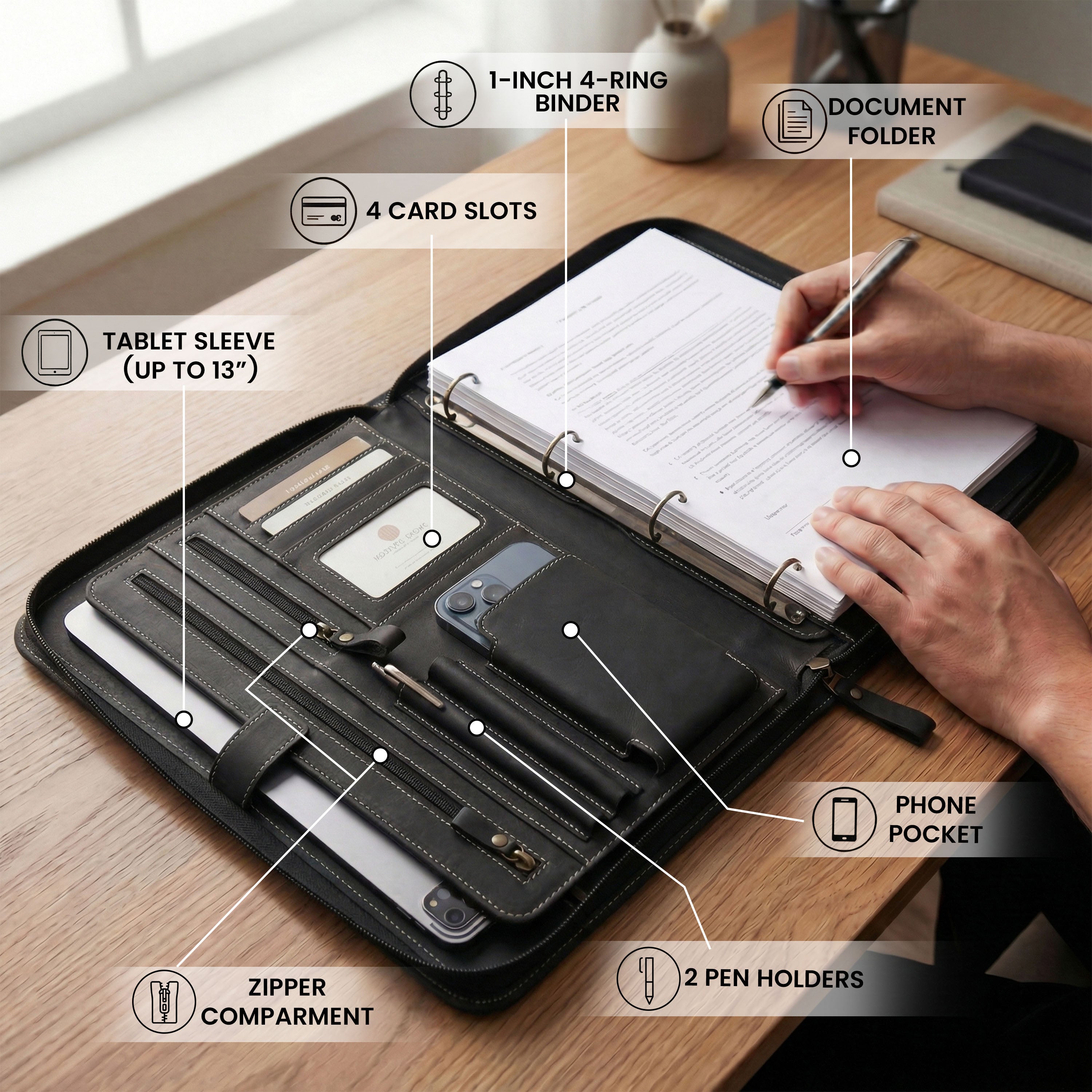 Leather Zipper Padfolio Ring Binder Organizer for Men & Women -Black