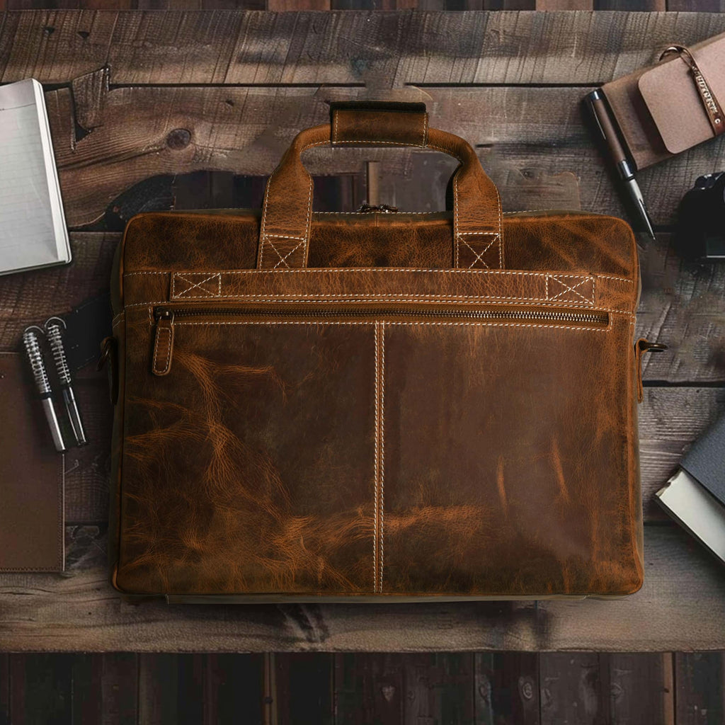 Leather Laptop Messenger Briefcase Bag - Tan