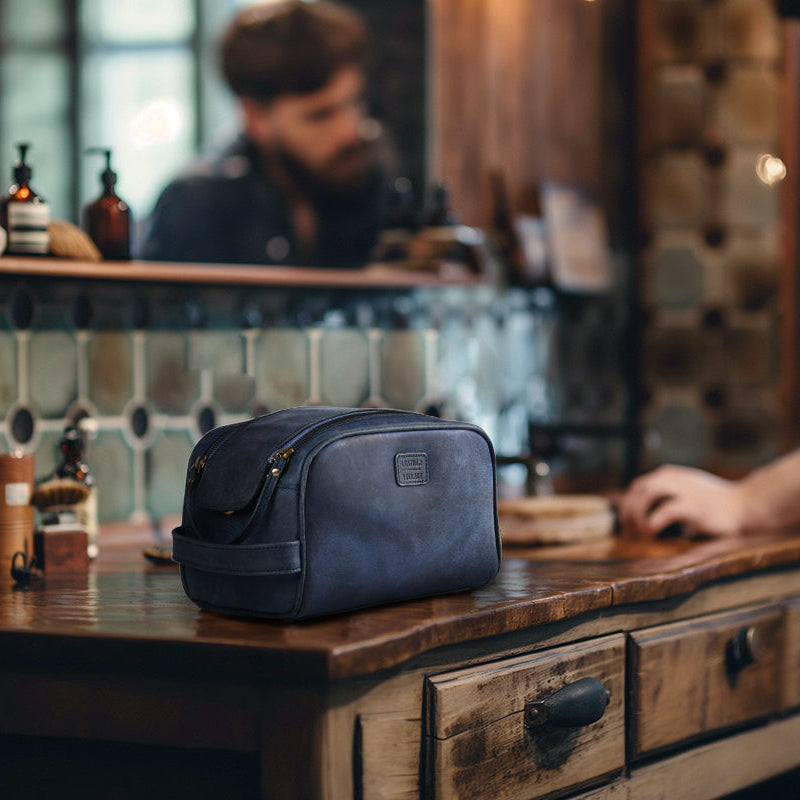 Leather Toiletry Bag for Men, Travel Essentials Shaving Dopp Kit, Mens Travel Bag Toiletries Organizer Case for Grooming, Water Resistant Cosmetic Bag Pouch