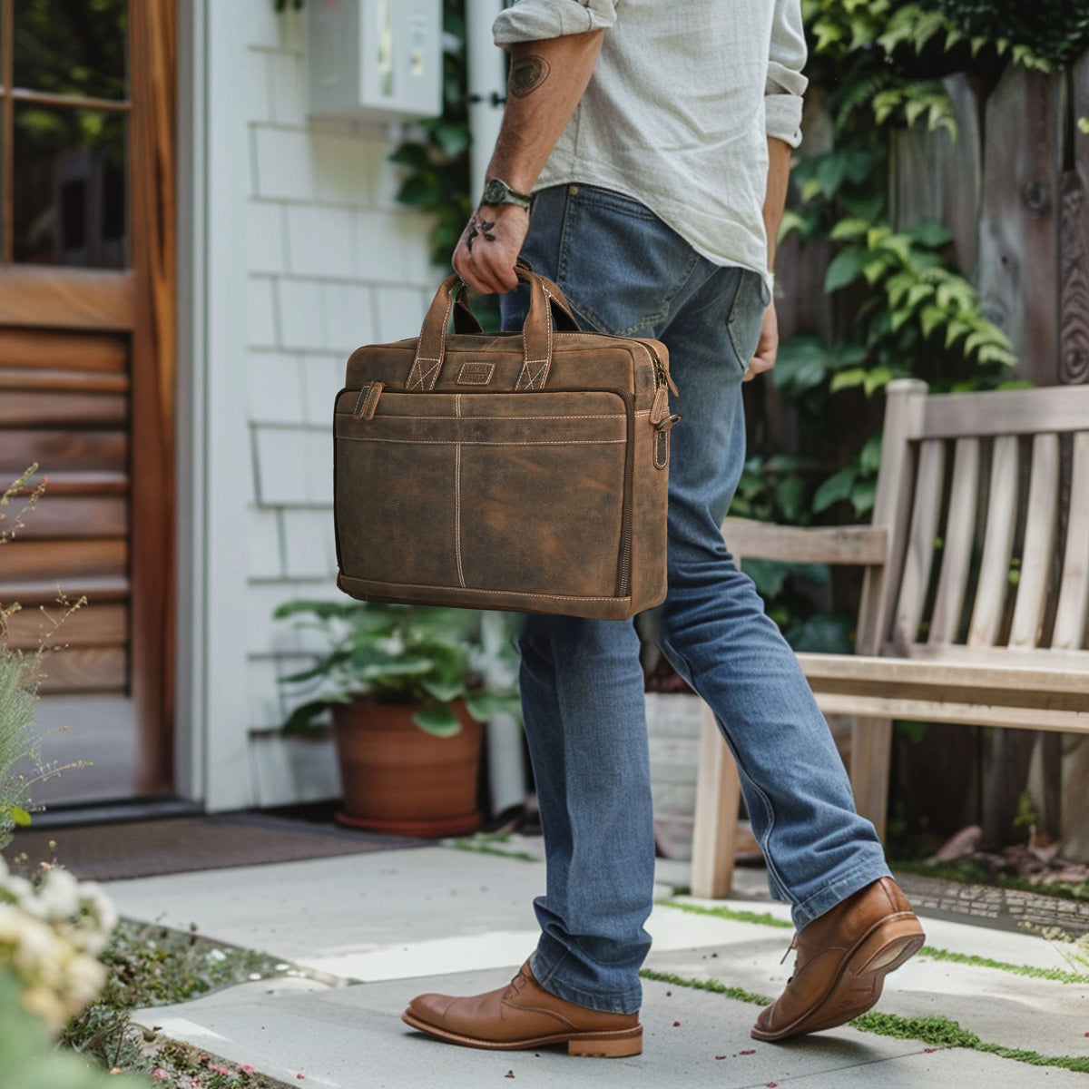 LEATHER VILLAGE 16" Leather Laptop Messenger Briefcase Bag for Men-Brown-Leather Satchel for Travel and Office Shoulder Bag