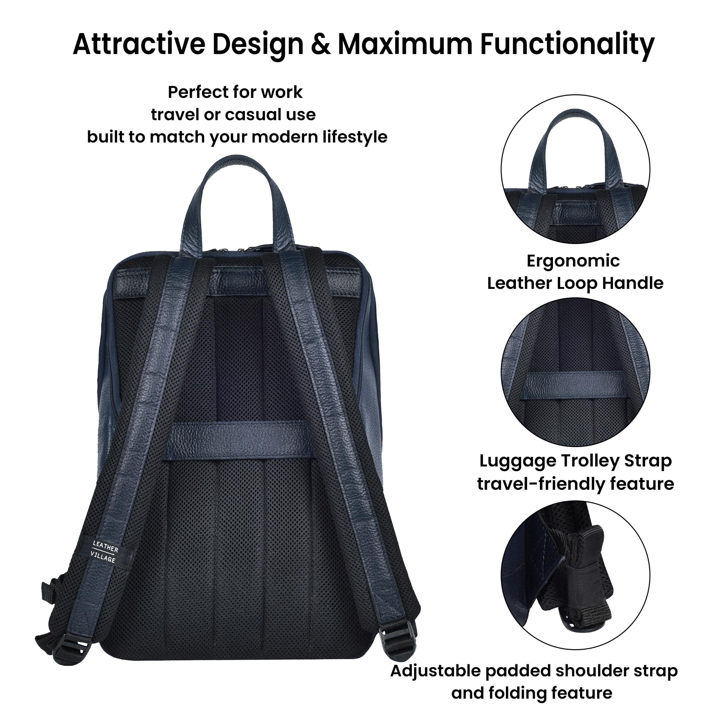 Blue Leather Laptop Backpack for Work & Travel