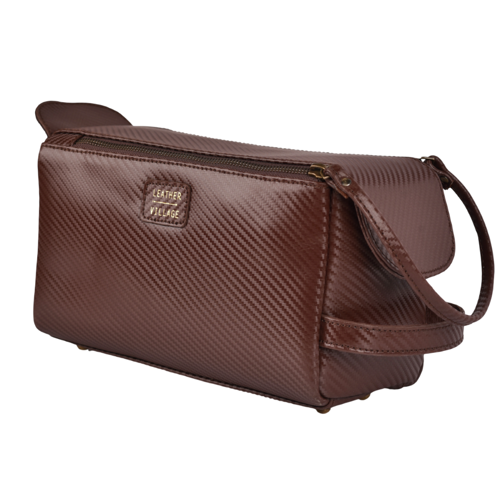 Brown Carbon Fiber  Leather Toiletry Bag For Travel