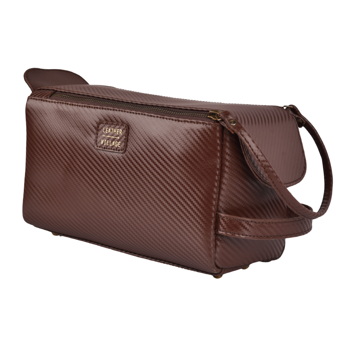 Brown Carbon Fiber  Leather Toiletry Bag For Travel