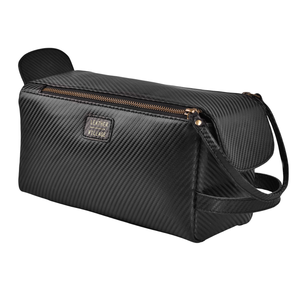 Black Carbon Fiber  Leather Toiletry Bag For Travel