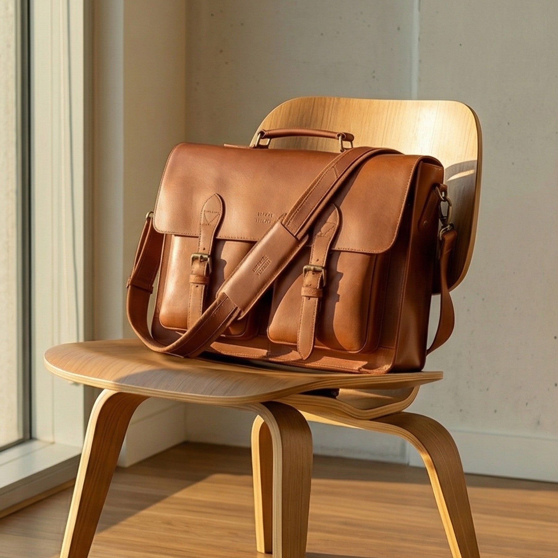Briefcase Leather Messenger Bag - Tan