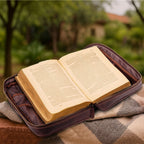 Elegant brown leather Bible holder with storage pocket